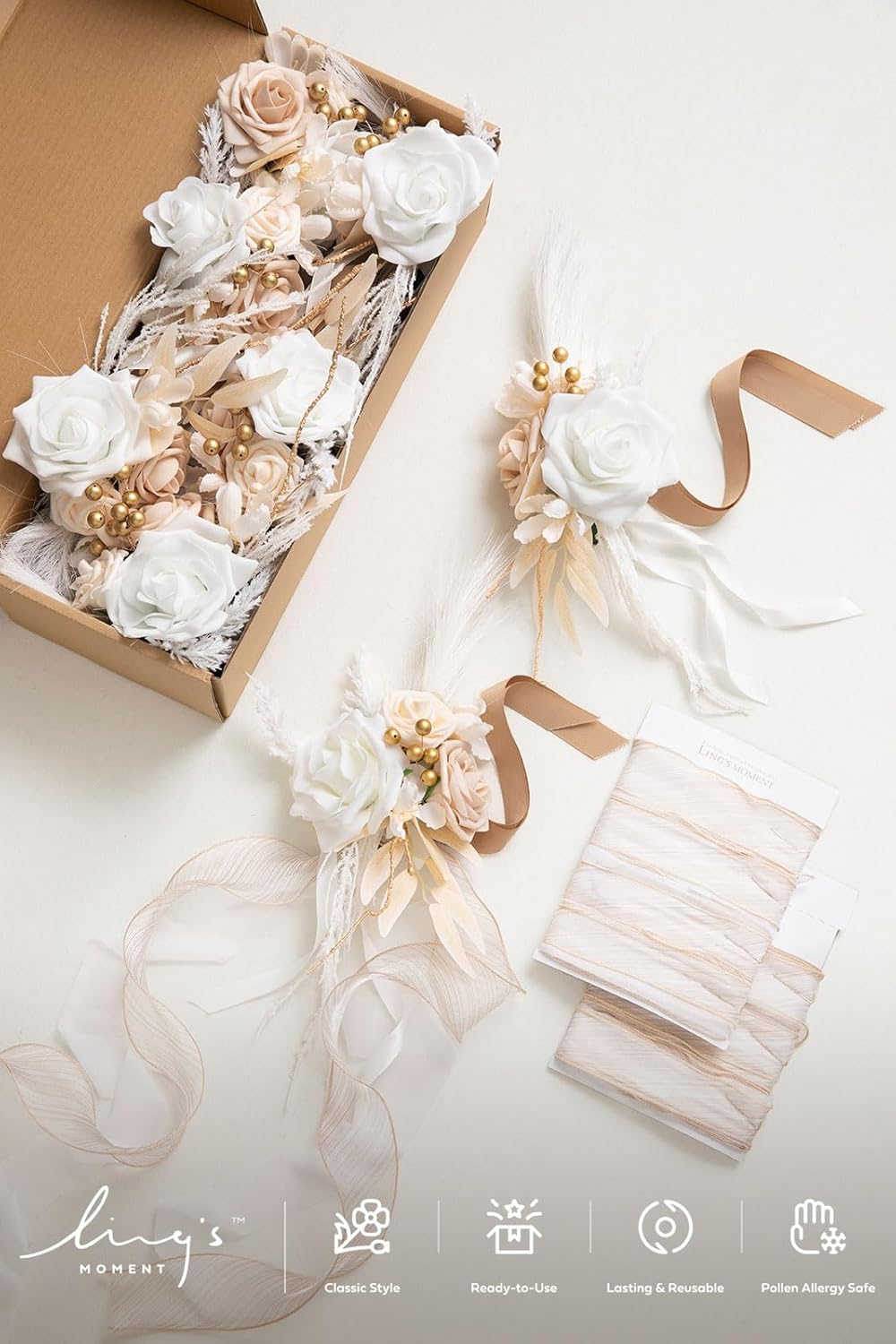 Ling's moment 8pcs Wedding Artificial Aisle Pew Flowers Chair Decorations Arrangements with Chiffon Ribbons Boho White Beige for Ceremony Chair Back Floral Decor Reception Church Party Outdoor