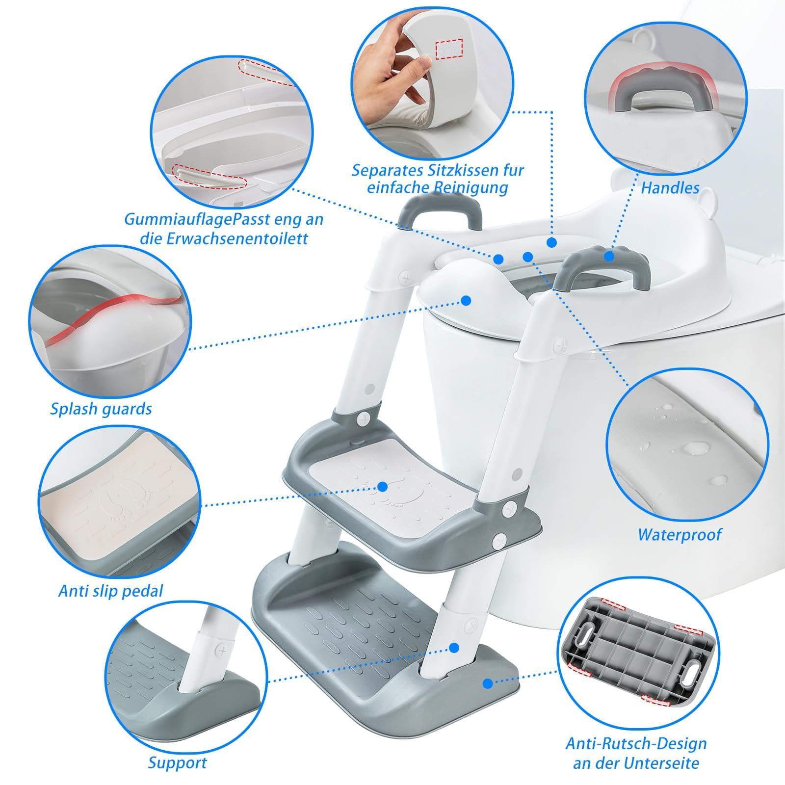 UCAMP Reducteur Toilette Enfant,Réducteur WC avec Marches,Rehausseur Toilette Enfant avec PU-Coussin,Siège de Toilette Enfant Réglable en Hauteur Pliable,éclaboussures et antidérapant,Adaptateur Toile