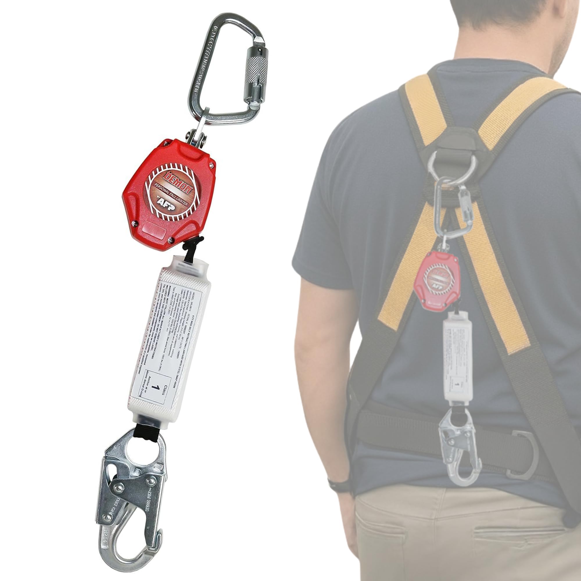 AFP Demon 6 Foot Single Web Leg Self Retracting Lifeline Safety Yoyo, Shock Pack Absorber, Steel Snap Hook & Steel Carabiner Fall Protection Arrest Limiter SRL | OSHA & ANSI Rated