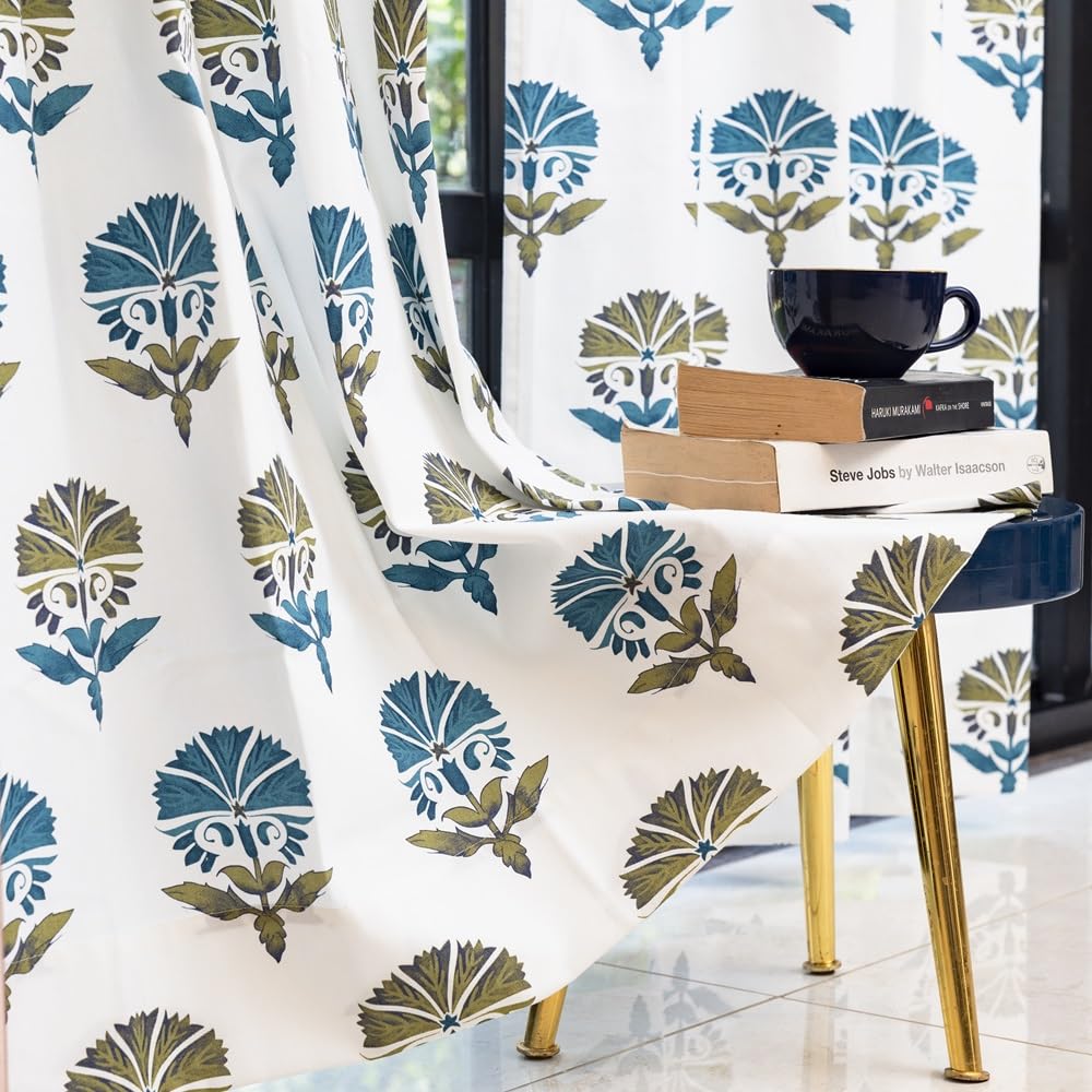 Urban Space 100% Cotton Curtains for Door, 60-65% Light-Filtering Room Darkening Decorative Curtains, Readymade Tieback Curtain with Eyelet Set of 2 (Owl Orchids - Blue, 7 feet x 4 feet)