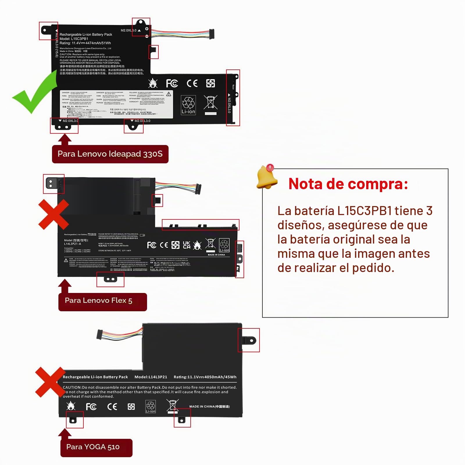 ASUNCELL 11.4V/51Wh L15C3PB1 Batería de Ordenador Portátil para Lenovo IdeaPad 330S-14AST 330S-14IKB 330S-15ARR 330S-15AST 330S-15IKB GTX1050 Series, L15M3PB0 5B10Q39202 L15L3PB0