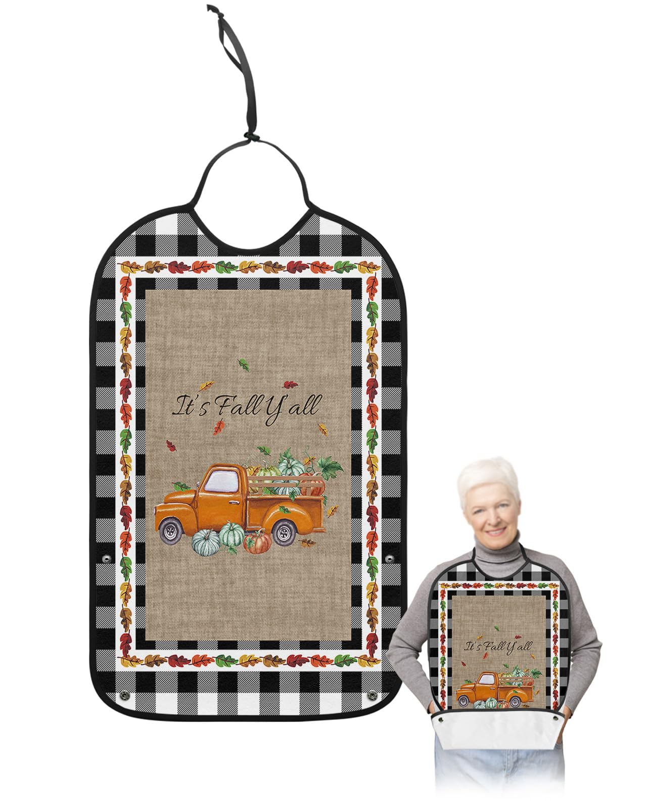 Thanksgiving Pumpkin Truck Adult Bibs for Eating, Waterproof Bibs with Food Catcher & Adjustable Snap Closure, Black White Plaid Fallen Leaves Burlap Clothing Protectors Adult Bibs for Elderly