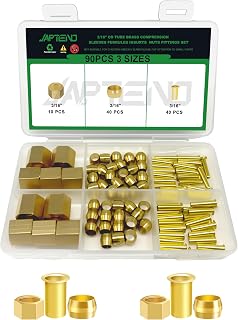 90pcs 3/16" Brass Compression Sleeves Ferrules Inserts Nuts Fittings Assortment Kit, Air Hose Ferrules Kit of Air Water Fuel Oil Gas Tube Lines