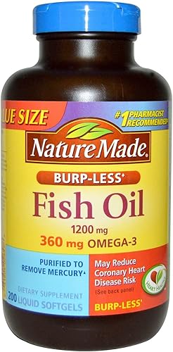 Nature Made Burp-Less Aceite de pescado 1200 mg 360 mg Omega-3 cápsulas blandas líquidas 200 ea paquete de 2