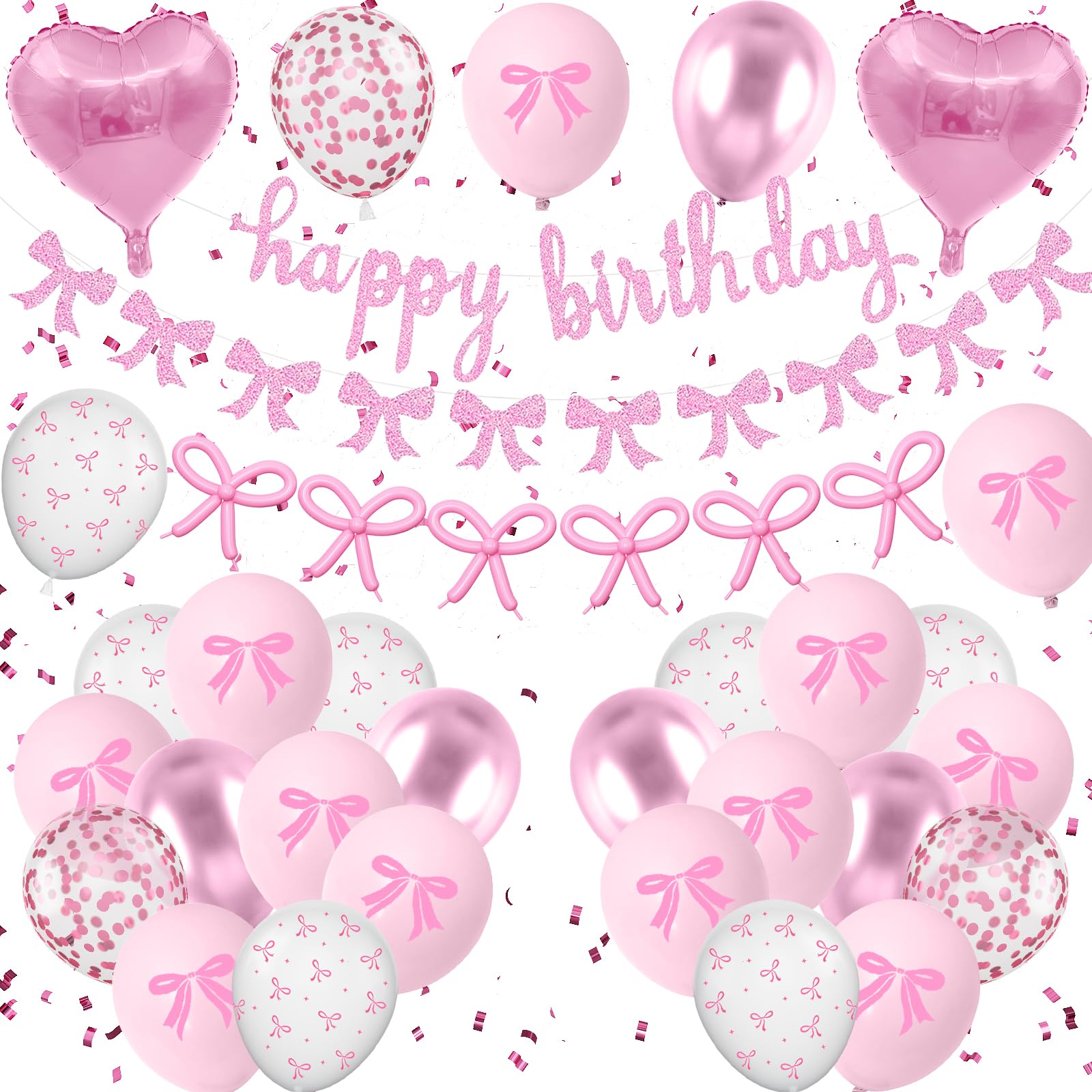 Pink Bow Birthday Decorations,Bow Coquette Party Decorations with Pink Happy Birthday Banner Bow Balloons Heart Foil Balloons for Girls Women Baby