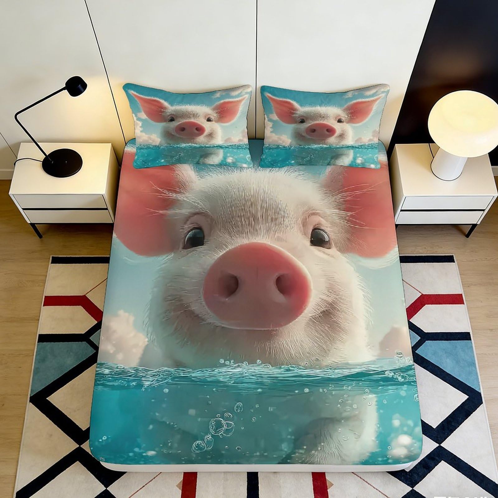 3D Printed Cute Pig Water Fitted Sheet Microfiber Anti-Slip Mattress Cover Bedroom Dorm Protector Gift Decor 120x200cm 160x200x25cm