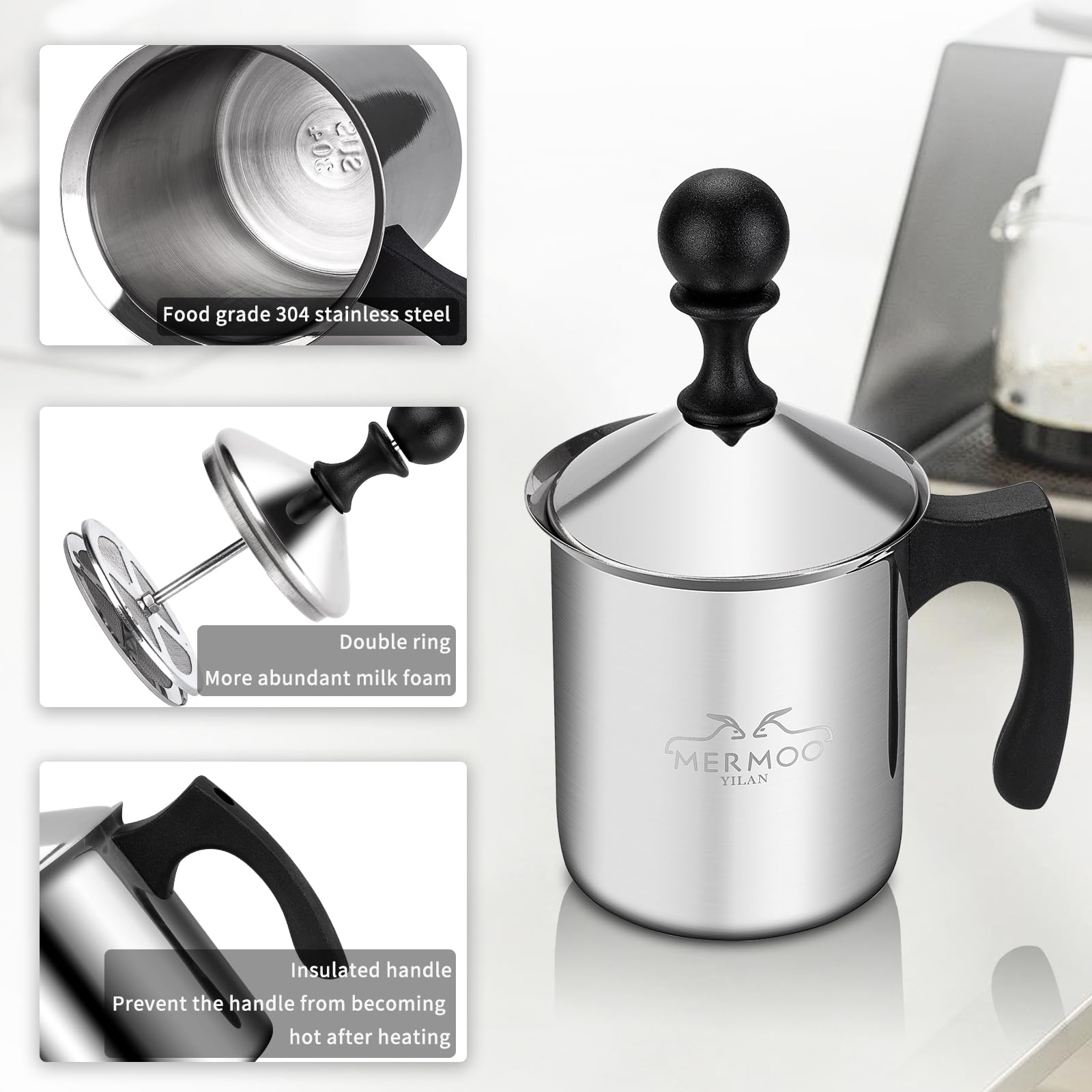 MERMOO YILAN Espumadoras De Leche Manuales 400ml Acero Inoxidable Leche Manual Frother Doble Colador Para Espuma De Leche Capuchino O Expreso Macchiato | Tanto para leche caliente como fría, fácil de limpiar, fácil de usar, para arte con leche y capuchino
