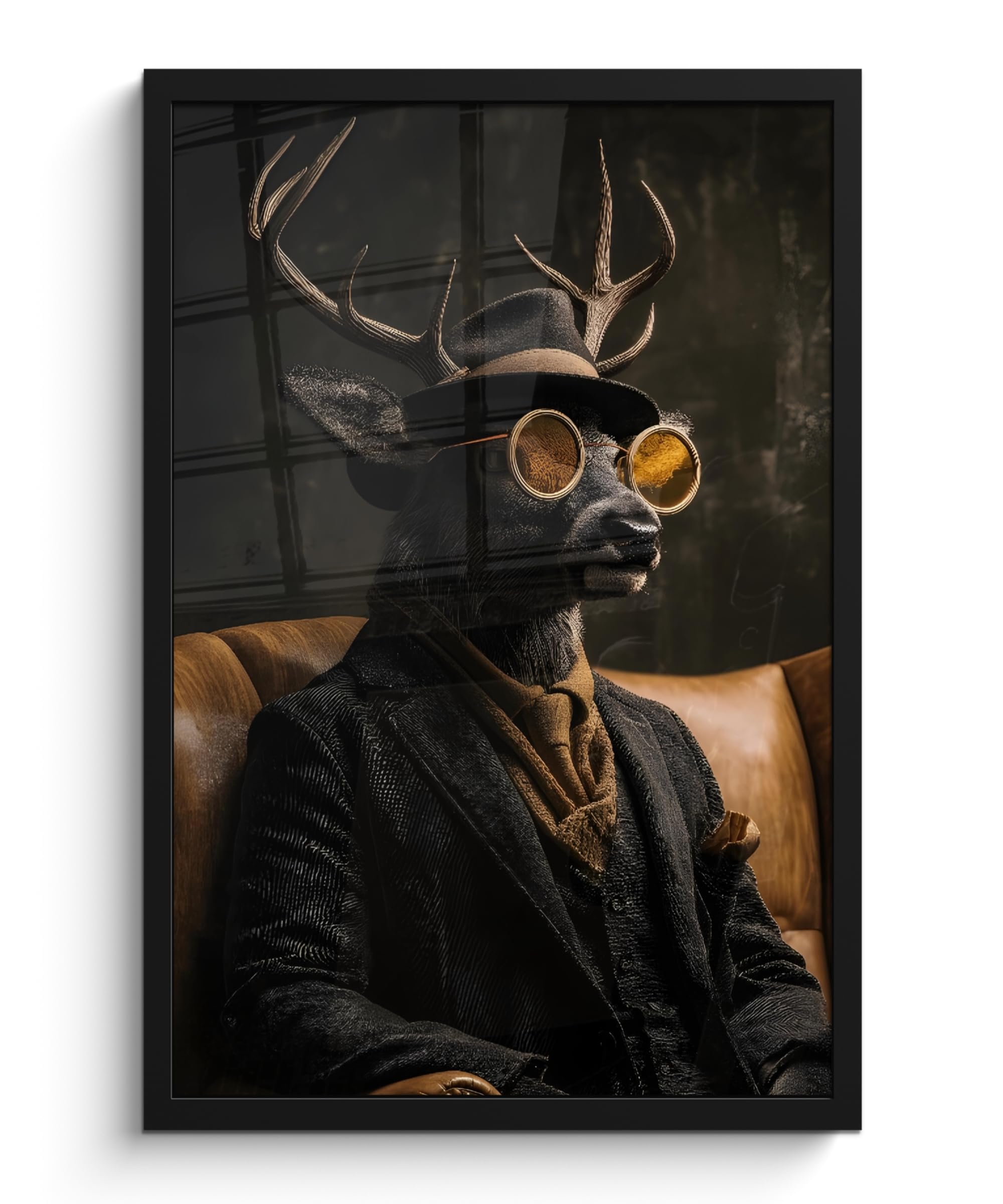 MuchoWow© Quadri Con Cornice Foto Pareti Piccoli Casa Moderna Salotto | 40x60 cm - Orizzontale Lungo Ufficio Moderne Murali Cornici Decorative Cervo - Occhiali da sole - Nero - Abito