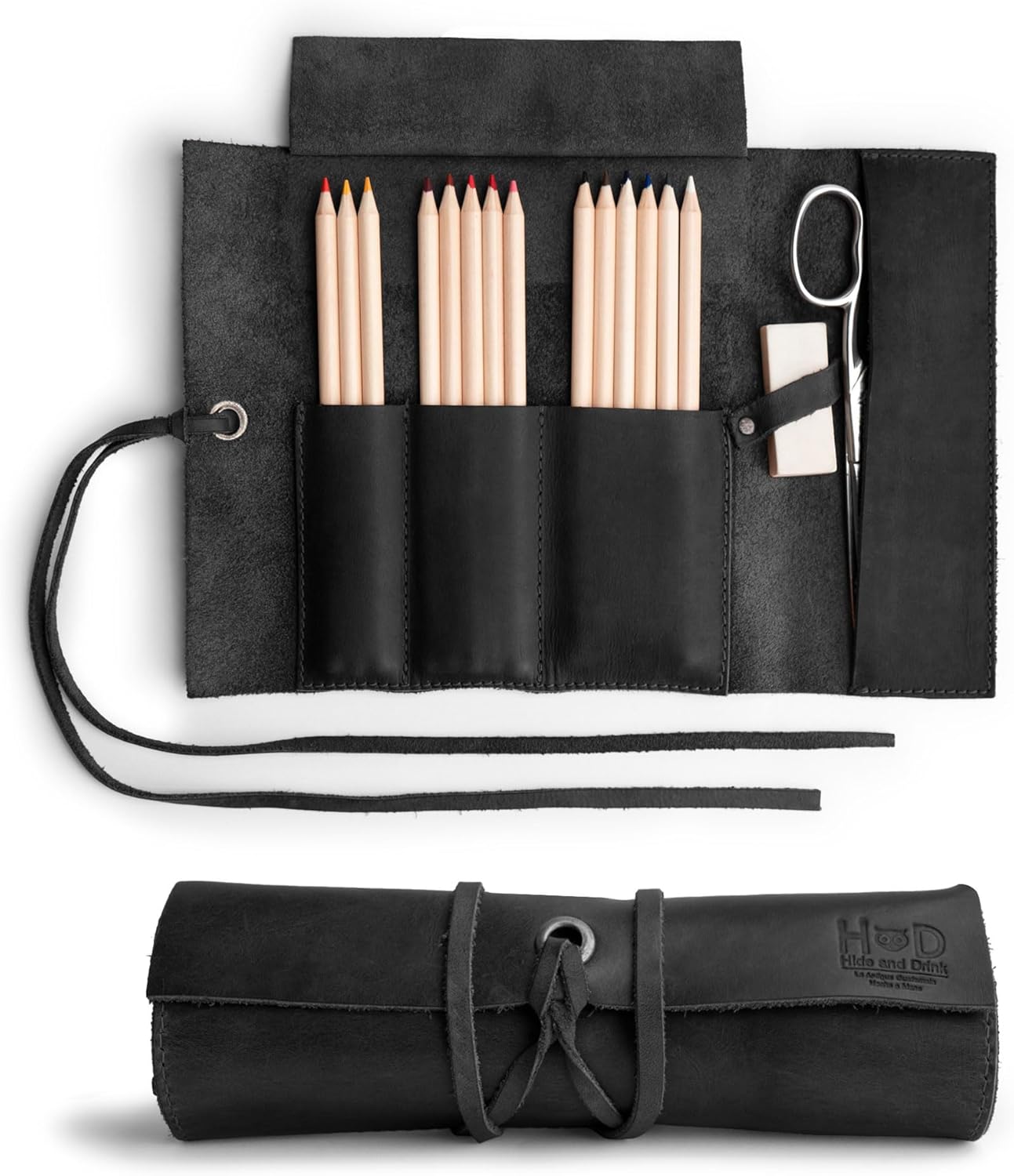 Hide & Drink, Rustic Pencil Roll Pouch, Multi-Purpose Storage Wrap for Scissors, Earphones, Organizer for Craft, Full Grain Leather, Handmade, Charcoal Black