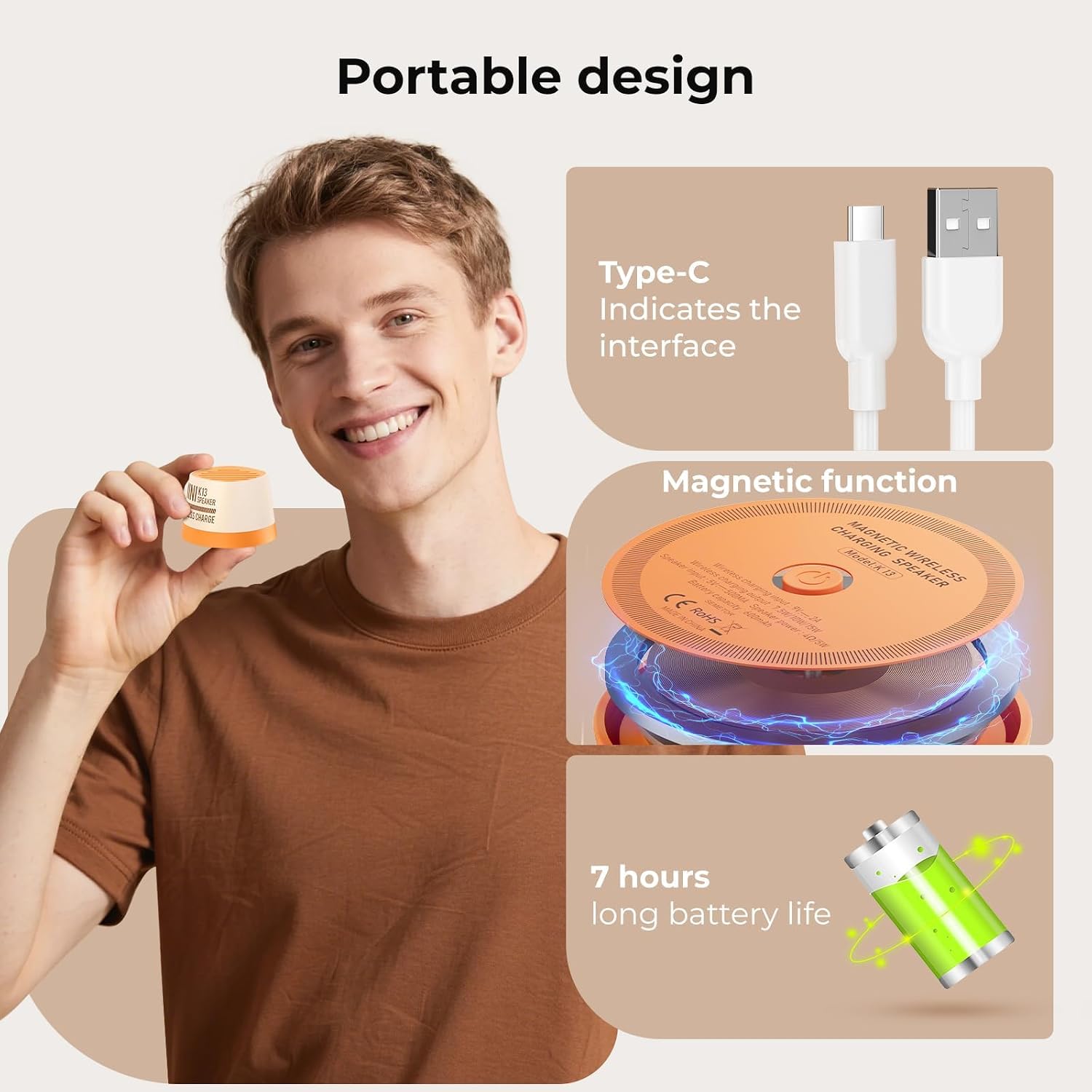 Magnetic Bluetooth Speaker, Wireless Charger Station, Portable Mini Speaker with Wireless Charger & Phone Stand, Bluetooth Speakers for Kitche, Refrigerator, Anything Magnet, Gifts (Orange) thumbnail