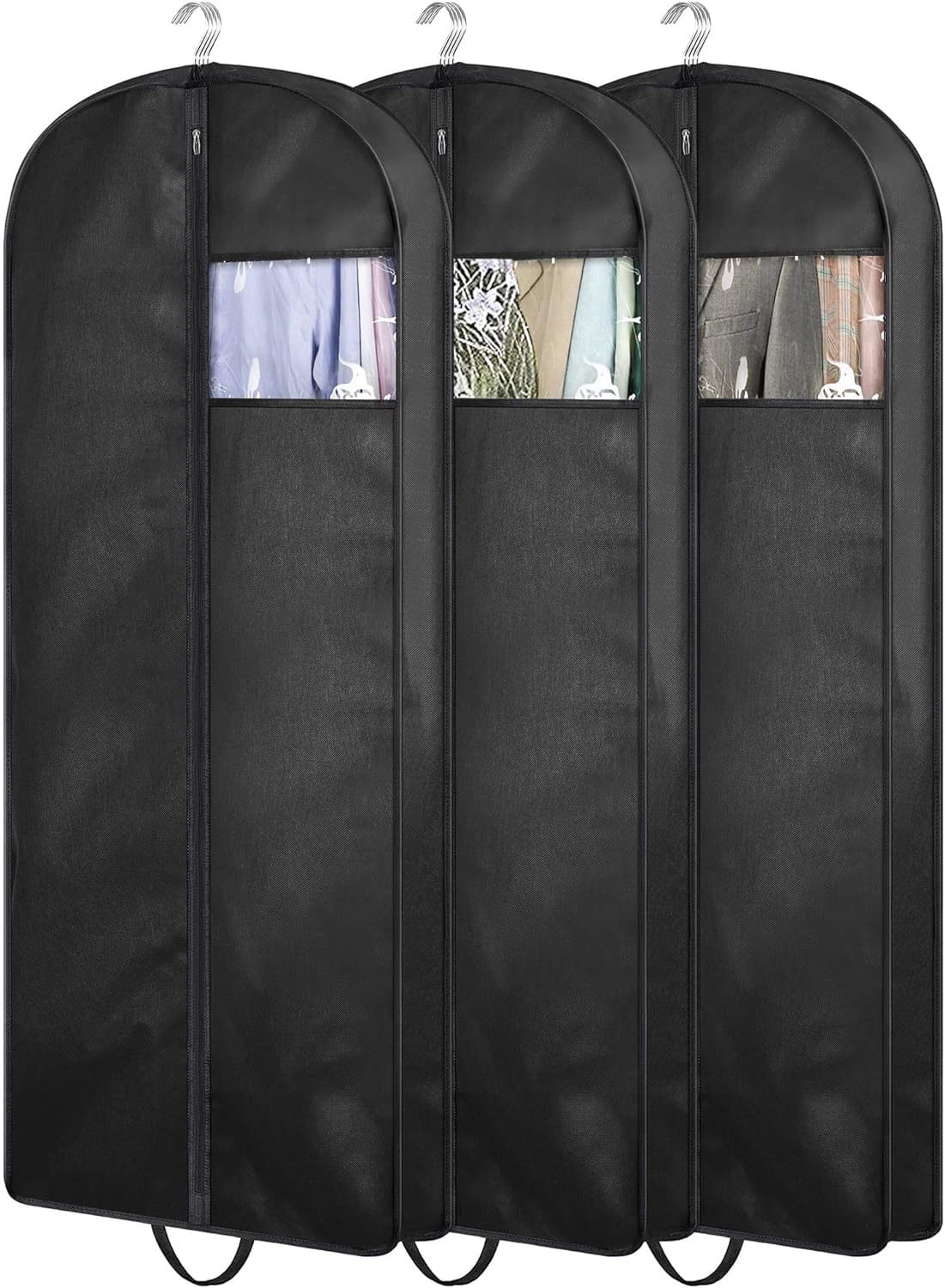 MISSLO 137 Cm Kleidersäcke Lange Anzugtasche Herren, Kleiderschutzhülle Mottensicher mit Tragegriffen für Aufbewahrung Mäntel, Kleider, Anzug, 3 Stück, Schwarz