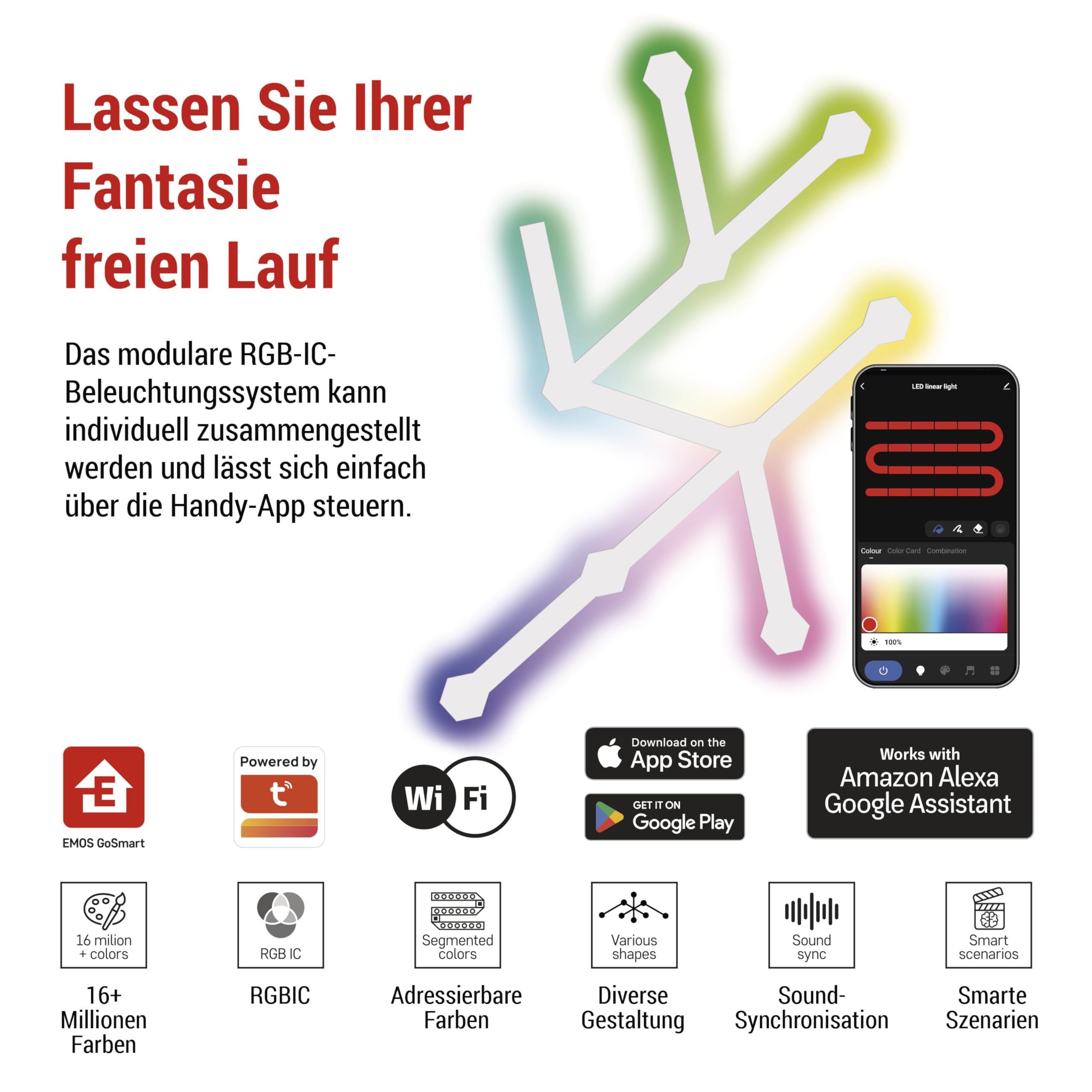 EMOS - Smart RGBIC Gaming-Wandleuchte mit App, 9+9 Segmente - Modular-Beleuchtung - 16+ Mio Farben, Musik-Synchronisation, Sprachsteuerung - 2,4 GHz WiFi-Ambientlicht - 1,5m Kabel und Netzteil - weiß