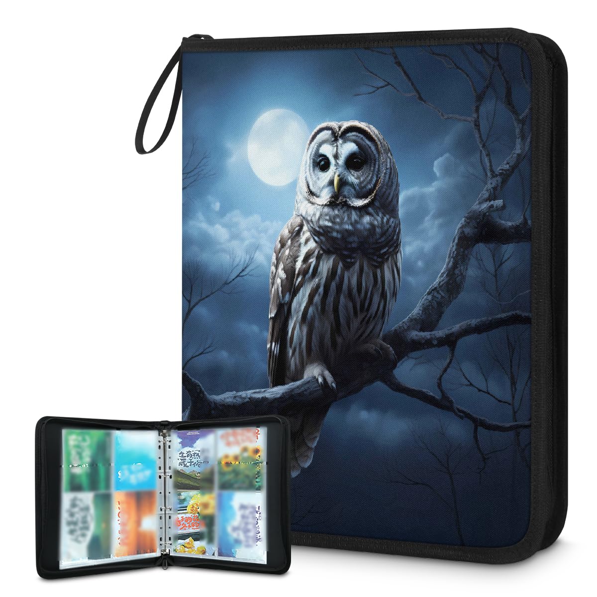 Classeur pour cartes à collectionner - 4 pochettes - Motif hibou et lune - Pour Halloween - Avec pochettes amovibles - Étanche - Avec fermeture éclair - Capacité de 50 pages et 400 cartes