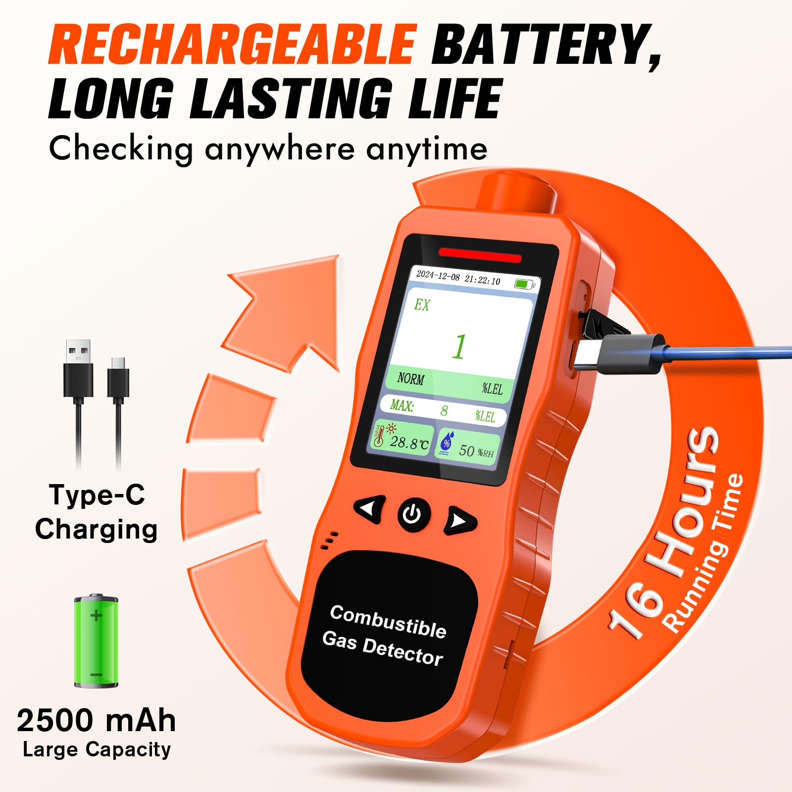 Erdgasdetektor für Zuhause & Industrie, Wiederaufladbarer Erdgaswarngerät Gasmelder 0-100% LEL-Monitor, Erkennt Methan, Propan, Butan, Ethan mit Akustischem/Licht-/Vibrationsalarm