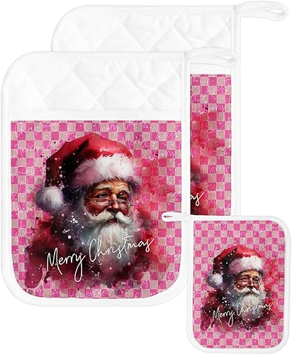 Pink Santa 2Pcs Pot Holders for Kitchen,Non Slip & Heat Insulation Terry Cloth Potholder Set with Pocket,Thick Hot Pad Oven Mitts Trivet Coaster for