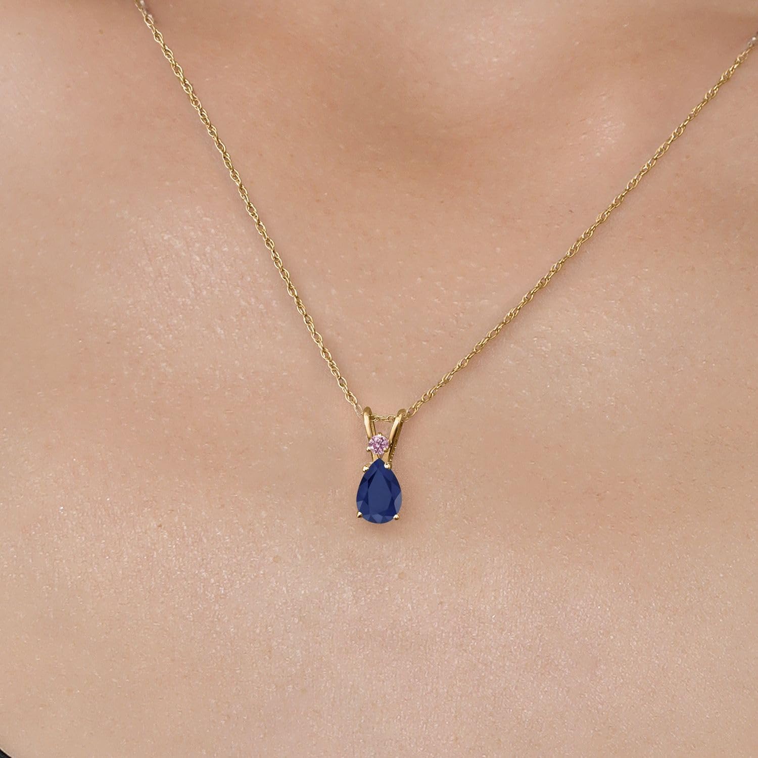 Gem Stone King 14K Yellow Gold Blue Sapphire and Pink Lab Grown Diamond Pendant Necklace for Women | 0.91 Cttw | Gemstone September Birthstone | Pear Shape 7X5MM | With 18 Inch Chain - Image 3