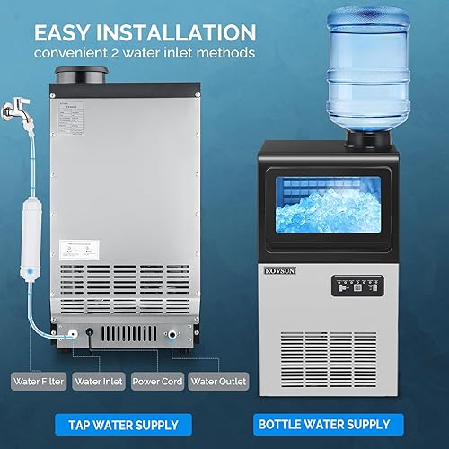 Miniatura 12 de ROVSUN Máquina comercial para hacer hielo de 110 libras/24 horas con 2 entradas de agua, máquina de hielo independiente con contenedor