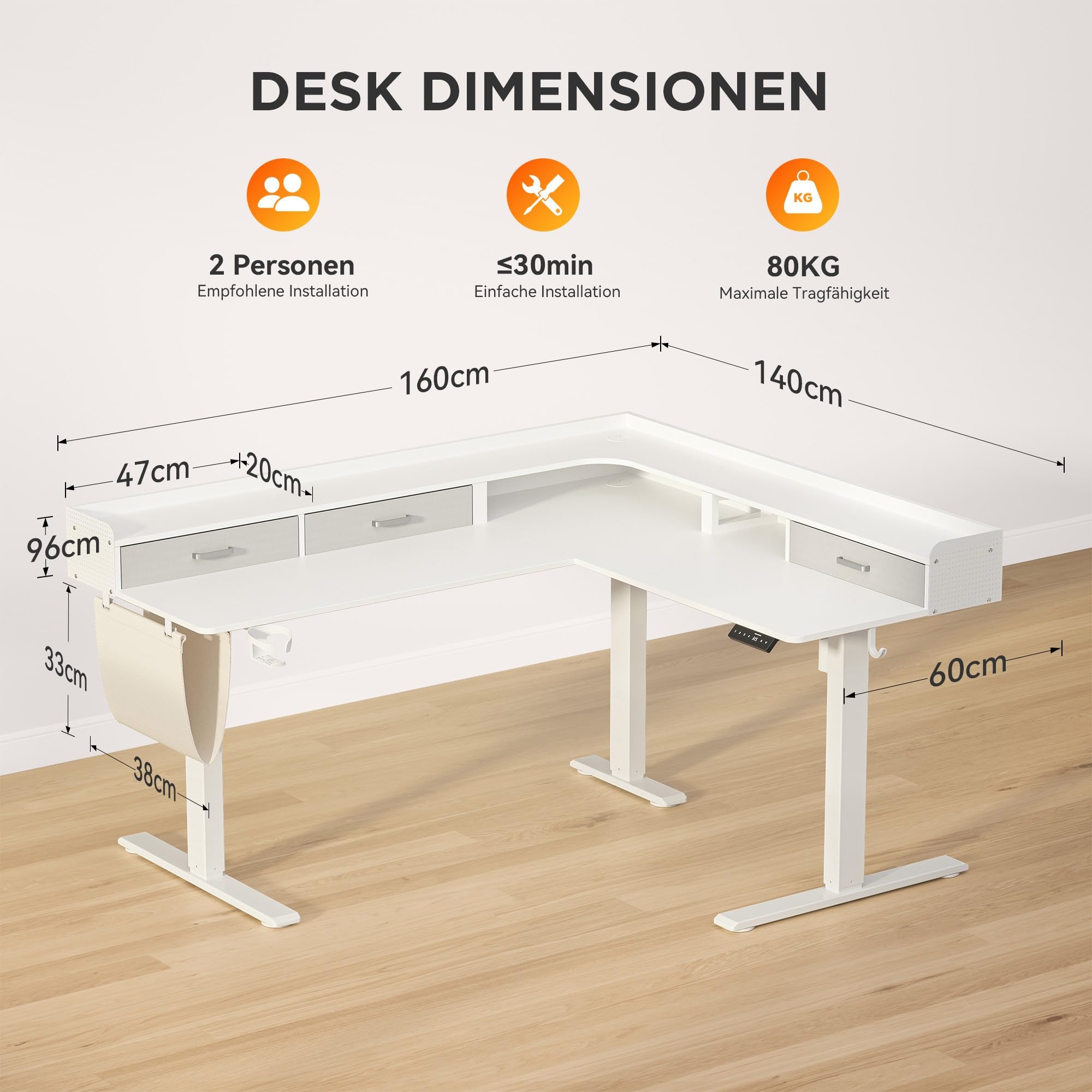 WALKINGDESK Scrivania elettrica regolabile in altezza, a forma di L, 160 x 140 cm, scrivania angolare regolabile in altezza con 3 cassetti, scrivania per computer, per ufficio, ufficio, gamer, bianco