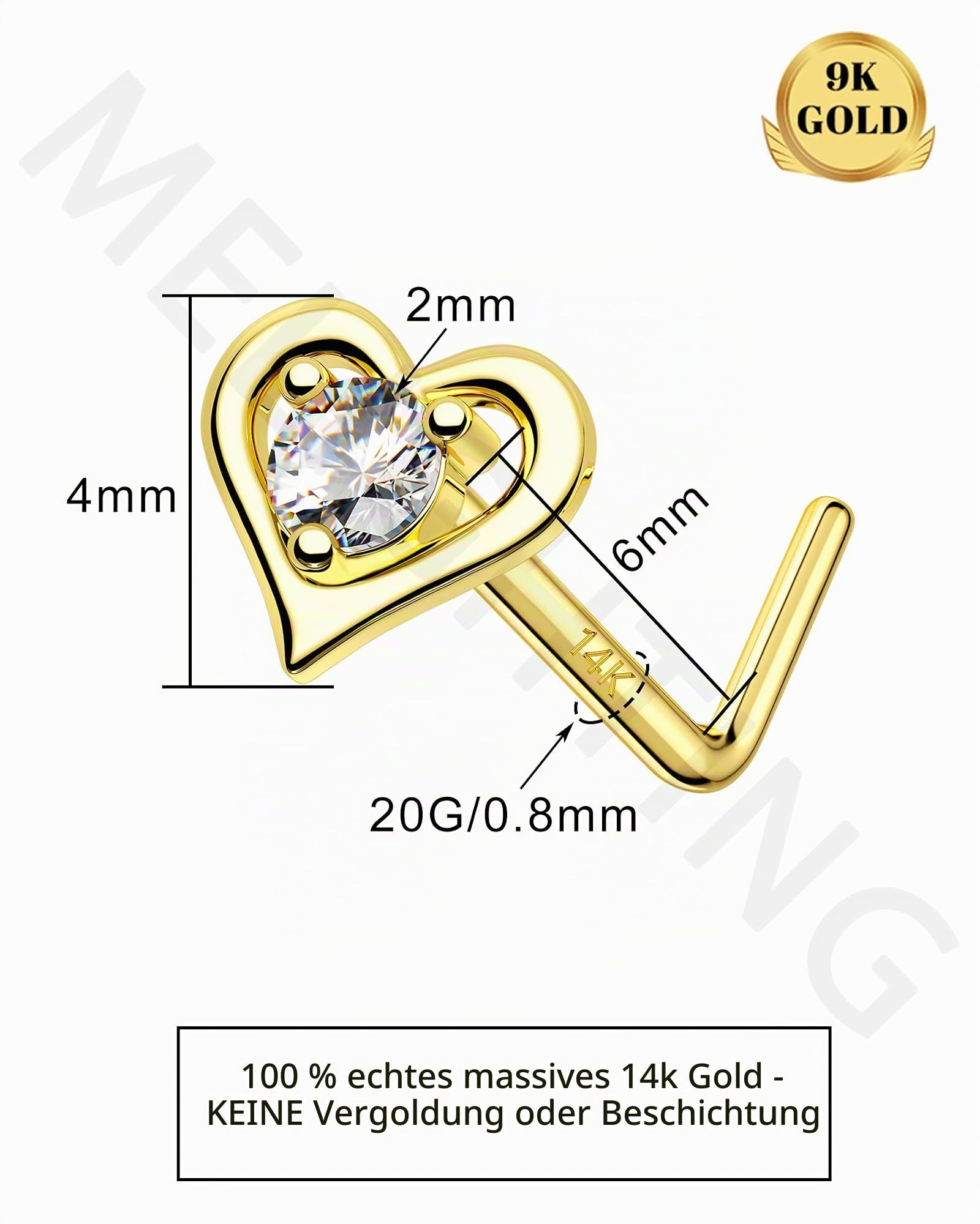Melighting Nasenpiercing 9Karat Echt Gold Nasenstecker Stud Nasenring L Form Nasen Screw 20G(0,8mm) Herz Diamant Nasen Nostrial Piercing Schmuck