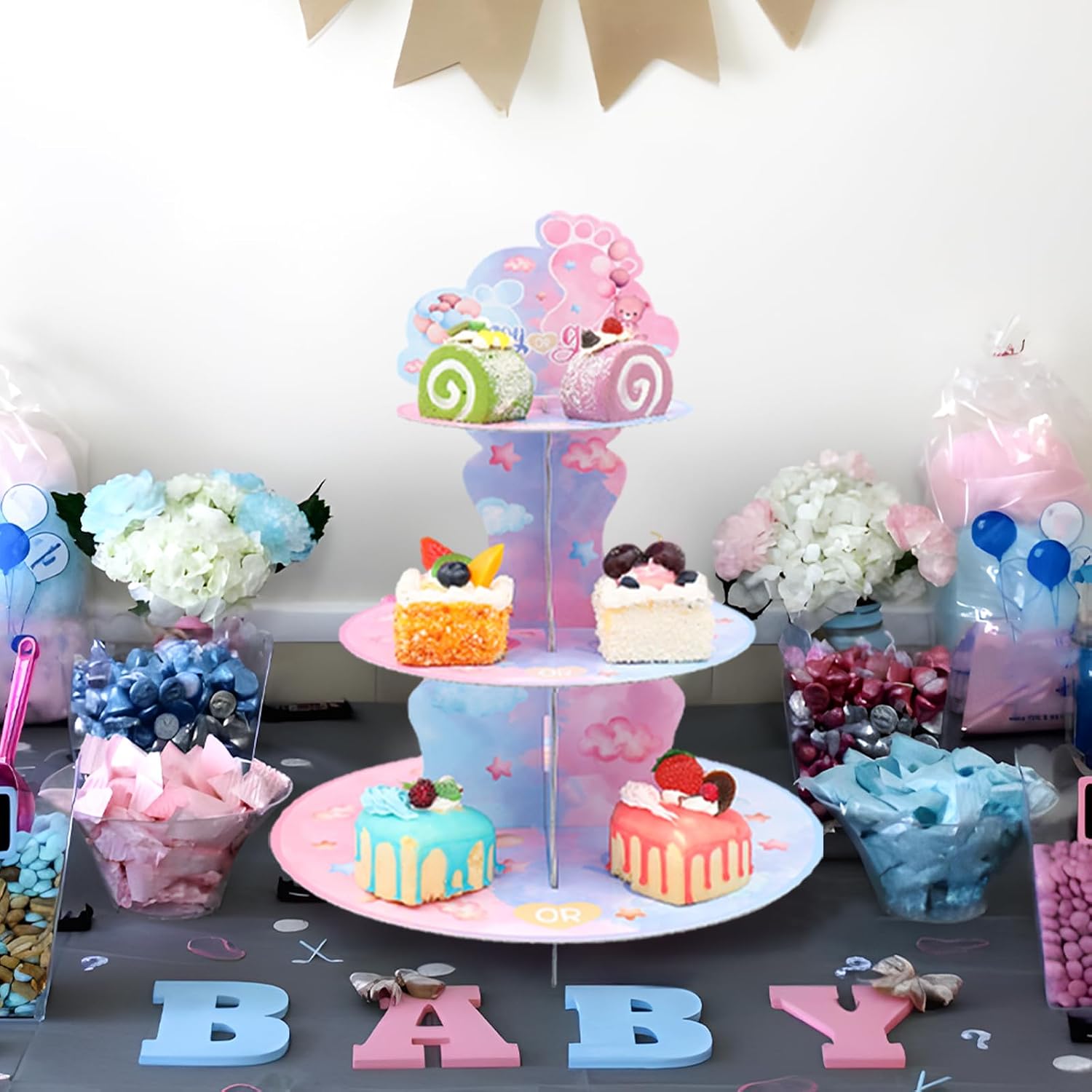 3 Tier Gender Reveal Decoration Cupcake Stand Blue Pink Baby Bear Dessert