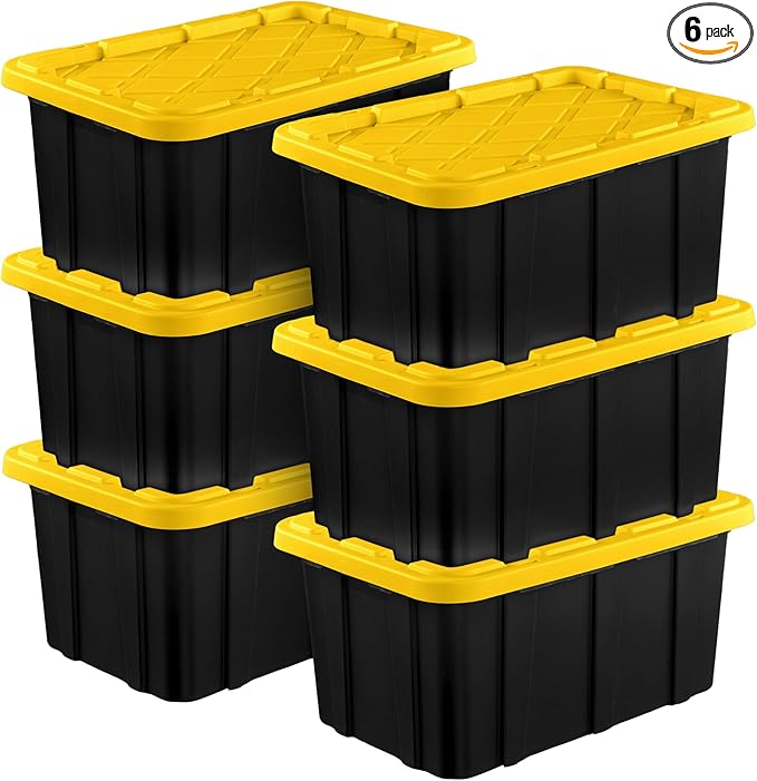 Sterilite 6-Pack Stackable Storage Bins, Heavy Duty Totes w/ Lids, 17 Gallon, Black/Yellow
