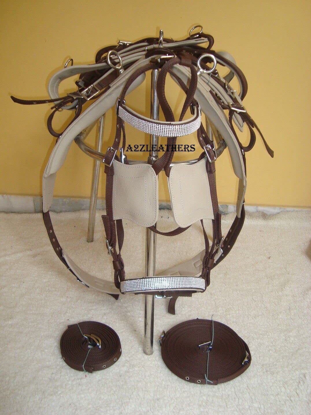 Harnais en nylon synthétique beige/marron conduisant le cheval pour le cheval simple (PONY)