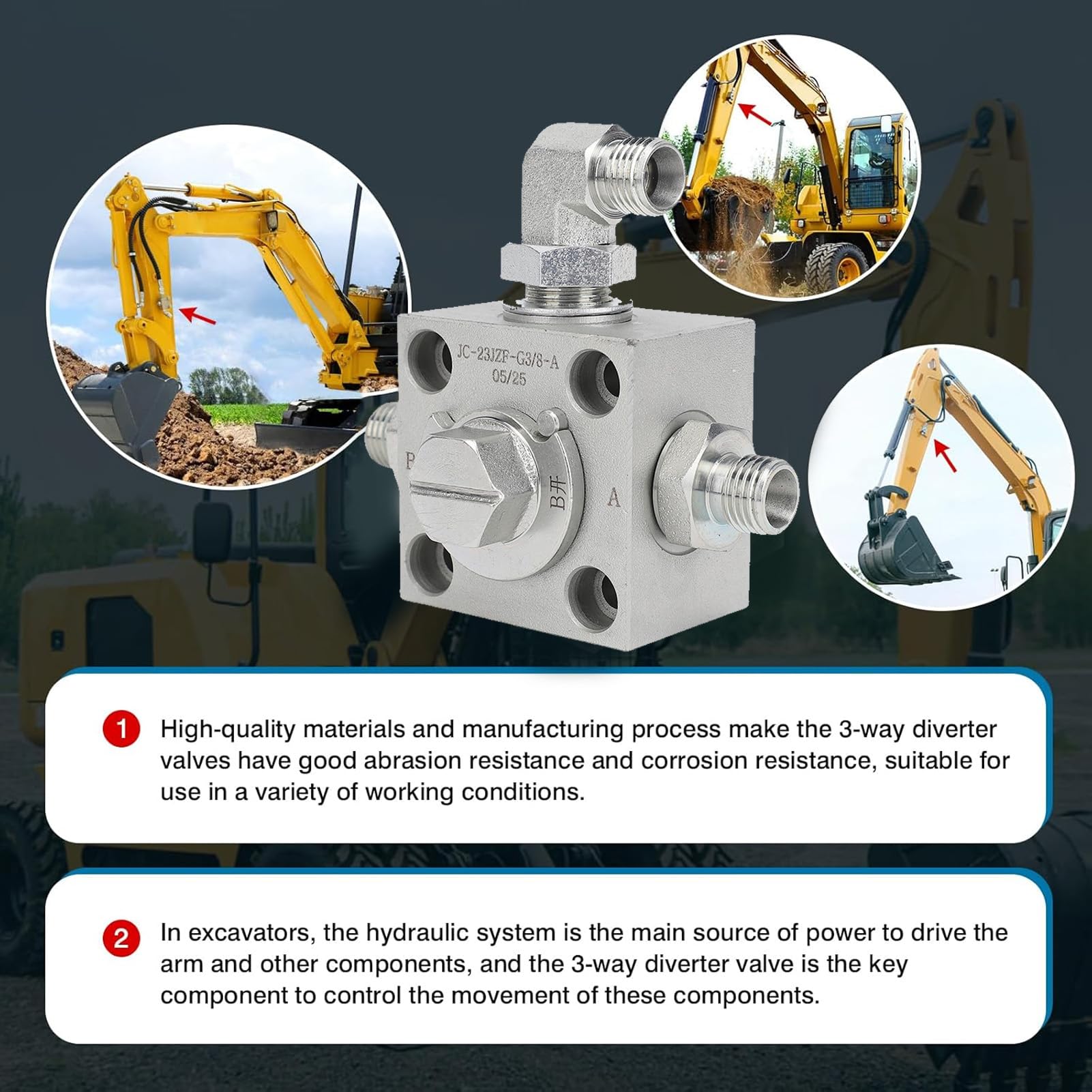 Fabater Válvula de Desviación de 3 Vías para Mini Excavador, Válvula de Desvío Hidráulico de 2 PC, de Control Direccional de Tres de Tres Vías de Excavadoras