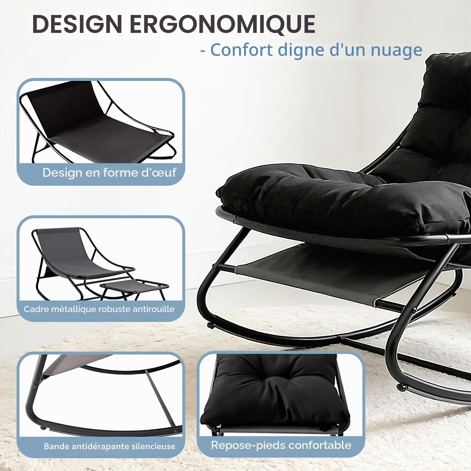 Fauteuil à Bascule Œuf avec Repose-Pieds - Charge 150kg Chaise a Bascule Surdimensionnée, Rocking Chair Coussin Confortable Utilisation Intérieur/Extérieur pour Salon, Jardin, Balcon (Noir)