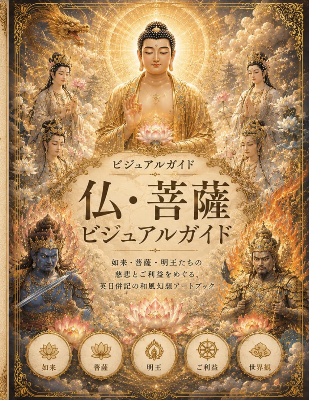 仏・菩薩 ビジュアルガイド: 如来・菩薩・明王たちの慈悲とご利益をめぐる、英日併記の和風幻想アートブック (森の灯りシリーズ)