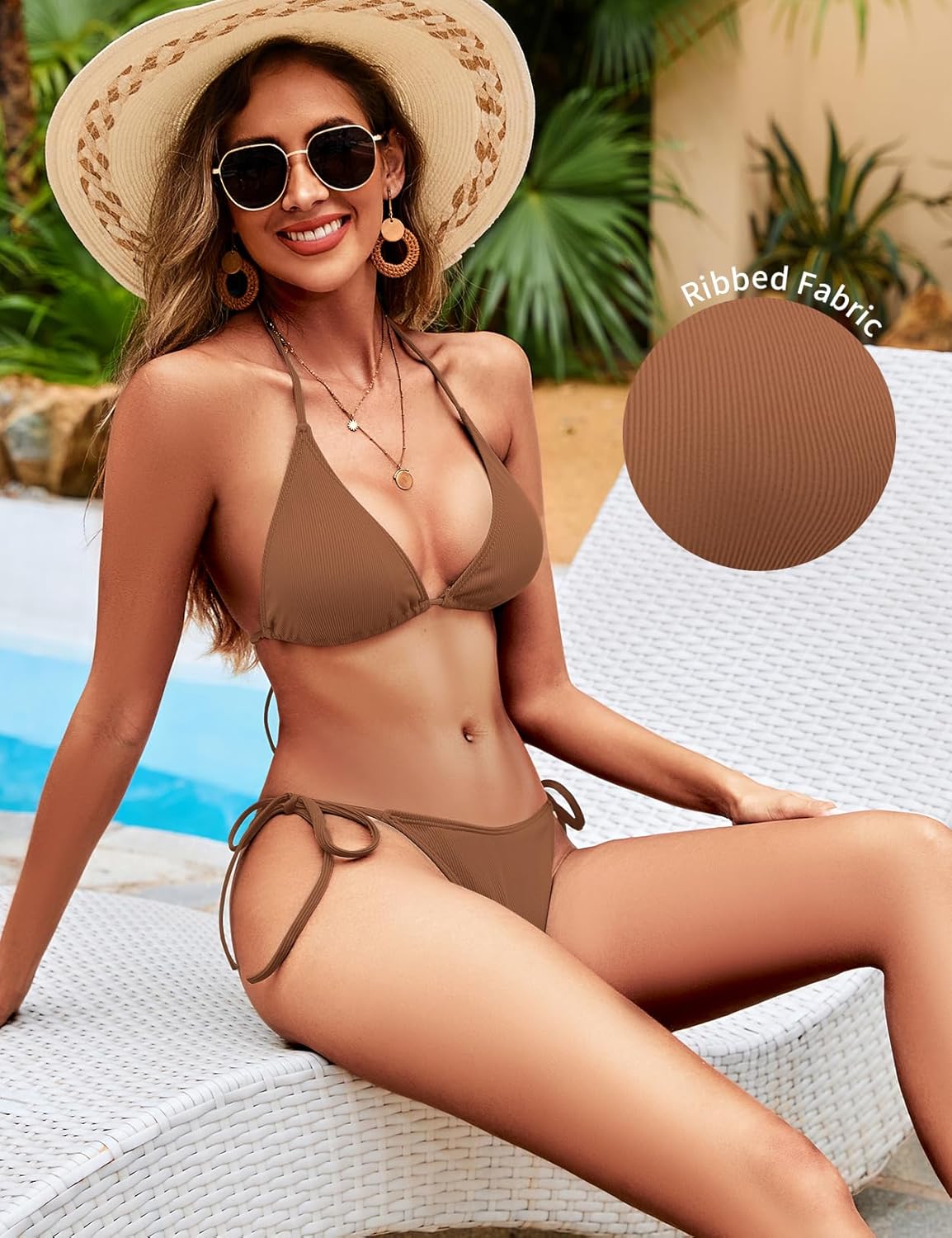 Women's Two Piece Bikini Swimsuit Sexy Ribbed Triangle Top Bathing Suits String Cheeky Bikini Sets - Image 6