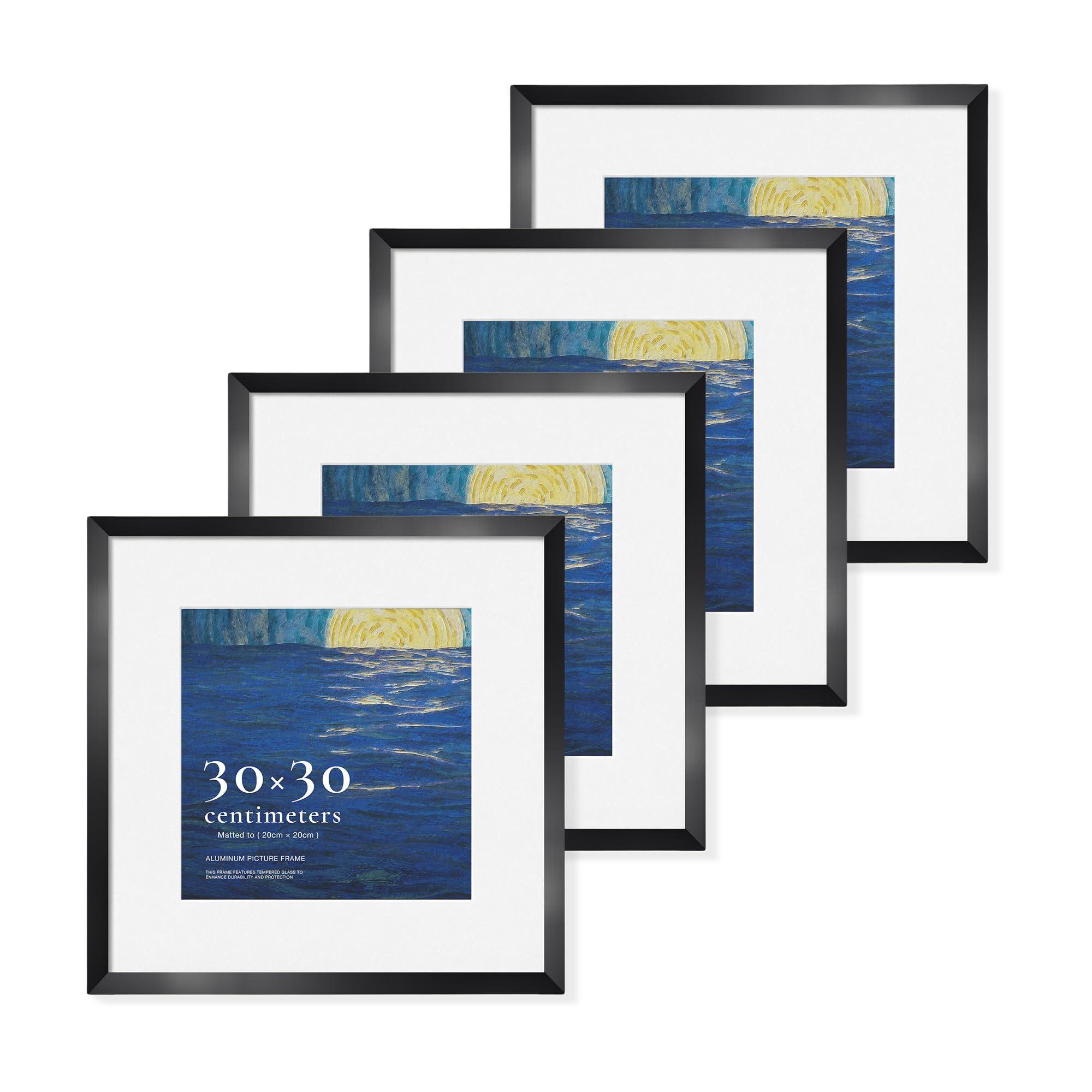 LIVINGTASTE 30x30 cm Square Aluminum Picture Frame, Brushed Black, with Tempered Glass, 4 Pack, Includes Mat for 20x20 cm Photos