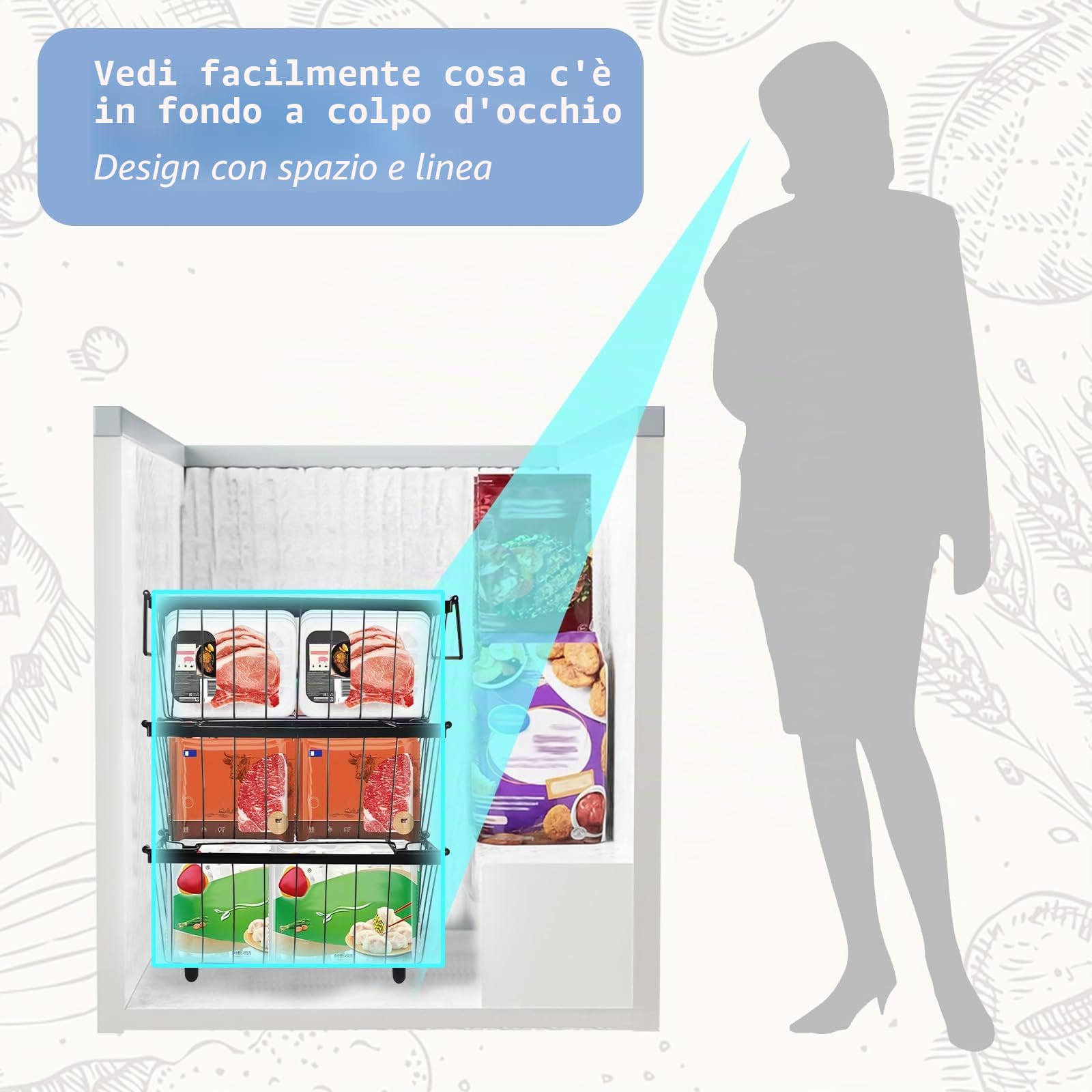 Qivine 3 Pezzi Organizer Per Congelatore Impilabile Cestini Per Congelatore Con Maniglia Pieghevole Acciaio Al Carbonio Per Congelatori da 5 e 7 Piedi Cubi 37,2×18,8×14cm
