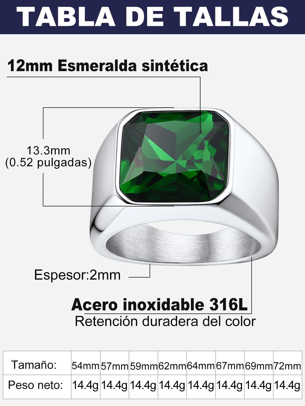 Bandmax Anillo con Piedra Verde/Rubí/Negro/Zafiro 12mm Ancho, Anillo Precioso para Hombre Mujer Tamaño 54mm a 72mm, Joyero Incluido