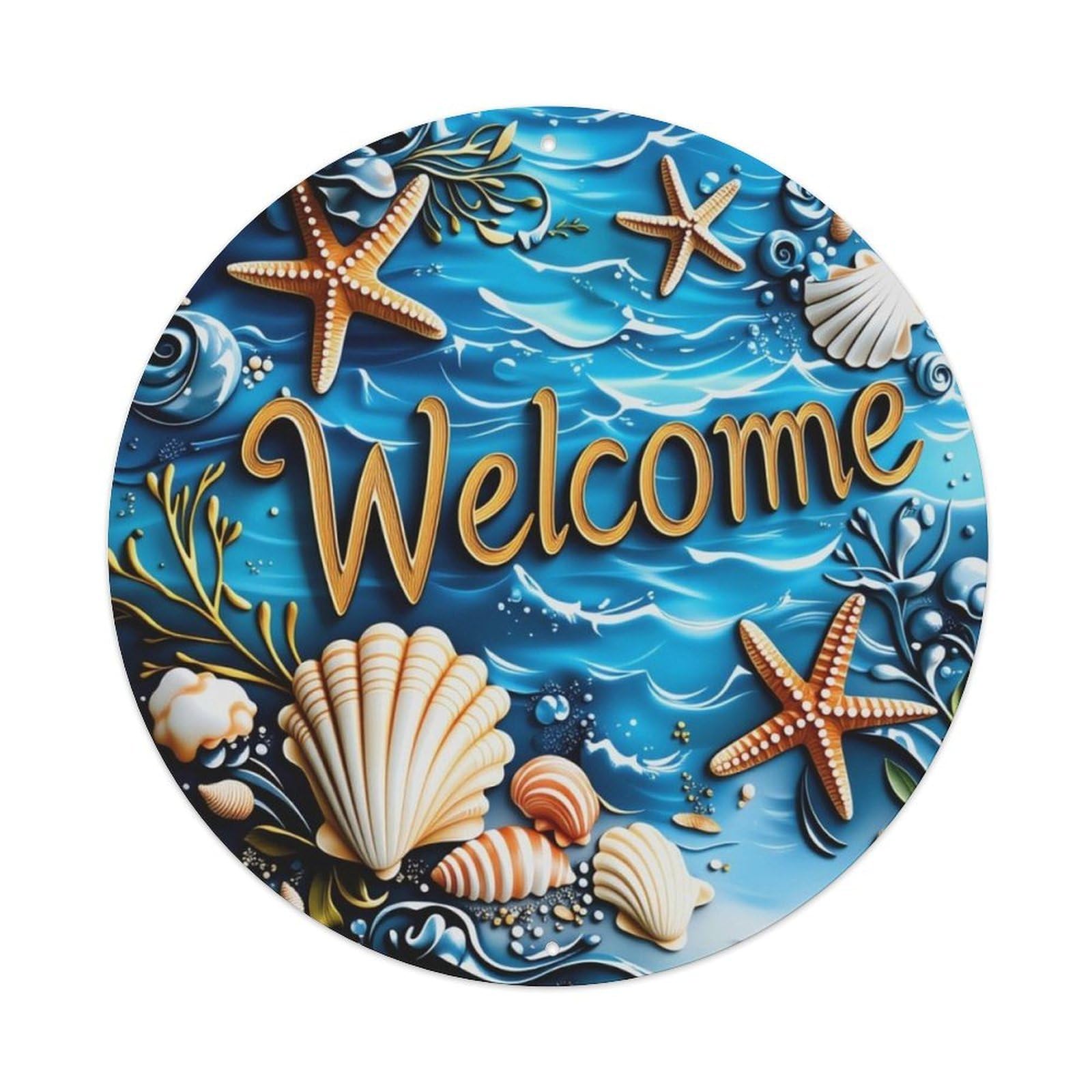 Ocean Seashell Welcome Round Sign Vintage Aluminium Metal Sign, Retro Wall Decor for Home, Bar, Garage & Farmhouse 20x20cm