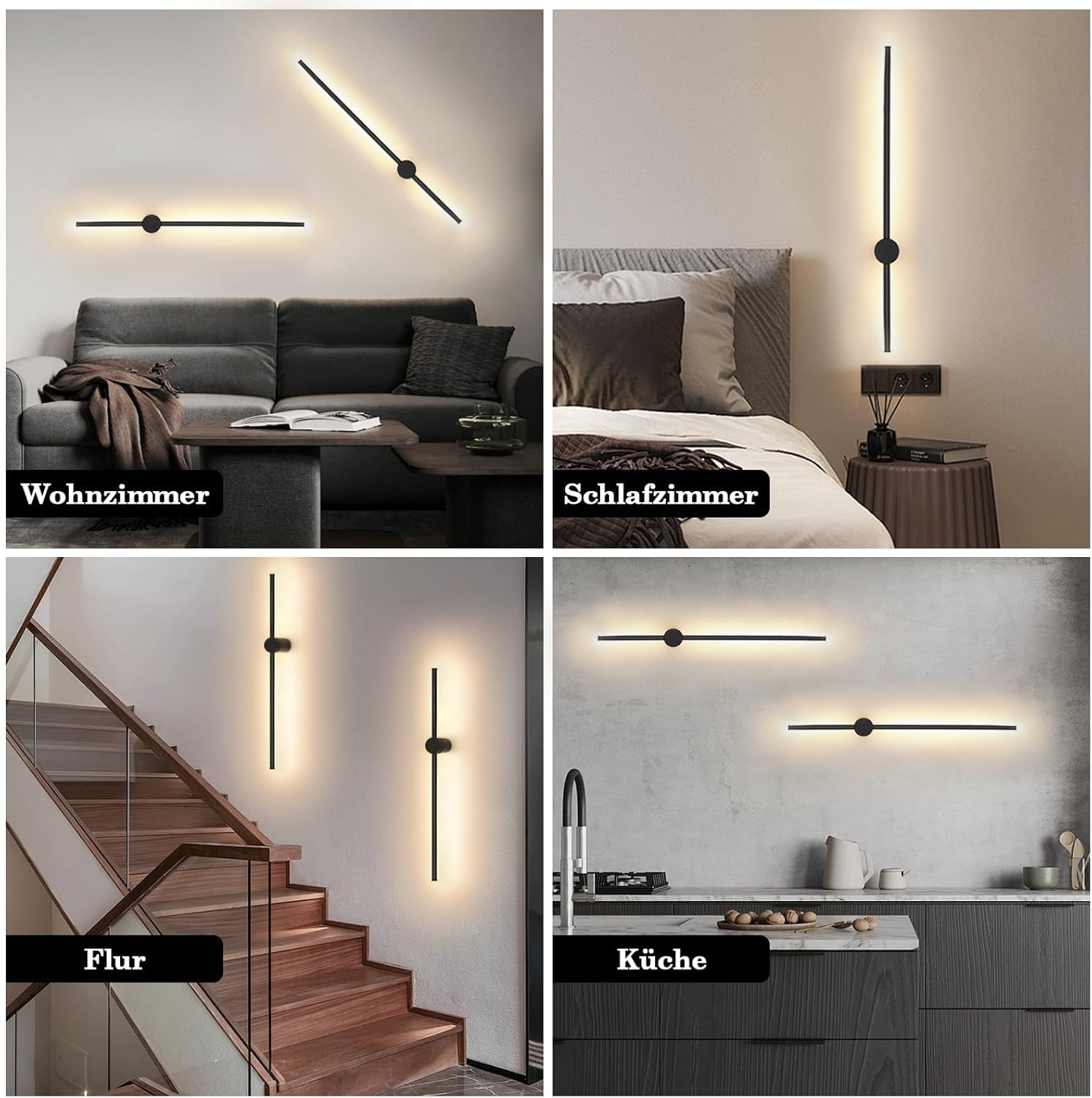 ZMH Aplique de pared LED de 2 piezas para interior - lámpara de pasillo, color negro, 60 cm, diseño moderno, giratorio, para cocina, 3000 K, blanco cálido, luz indirecta de escalera, para salón