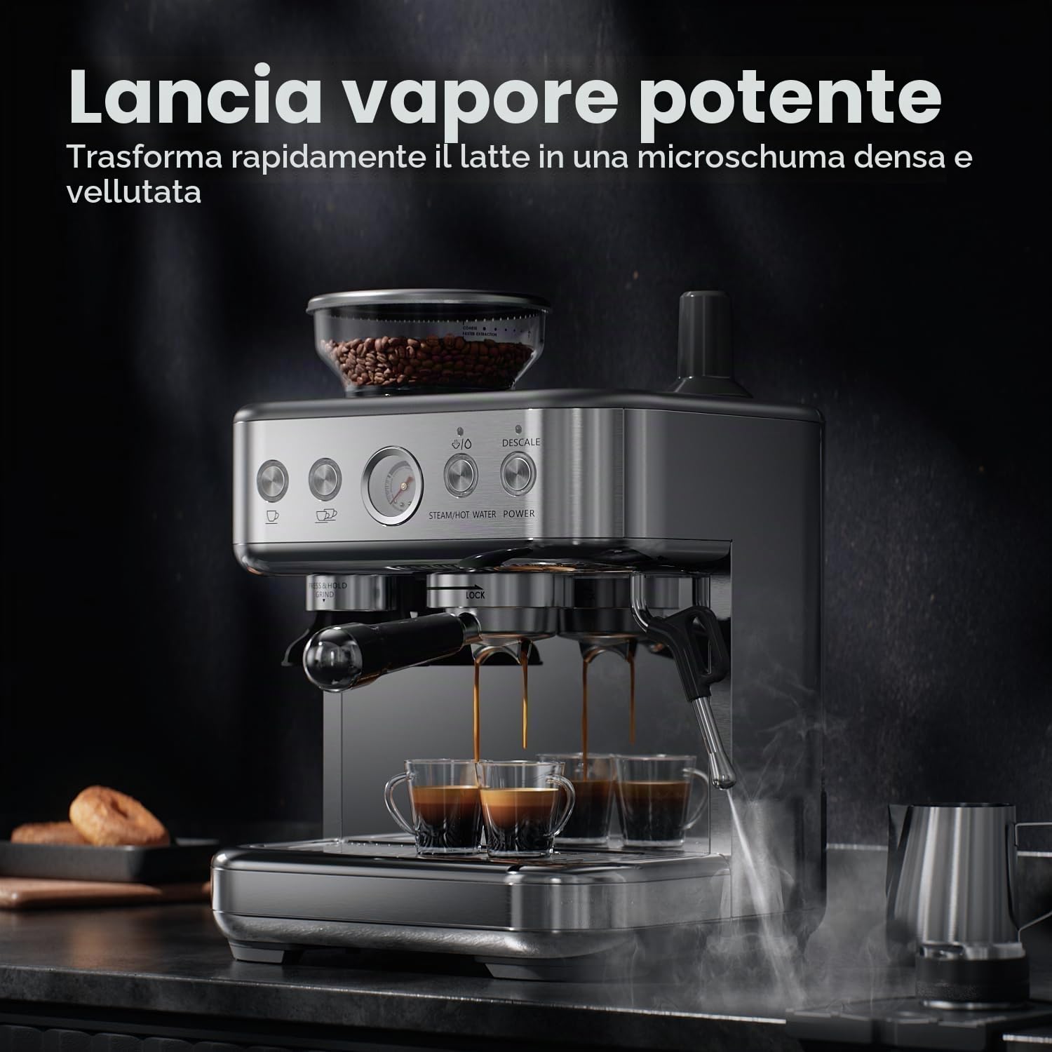 Macchina da caffè espresso con macinino – 15 bar, 1350 W, controllo della temperatura PID & sistema di riscaldamento istantaneo, acciaio inox e cromato, serbatoio dell'acqua da 2,3 l, ugello per