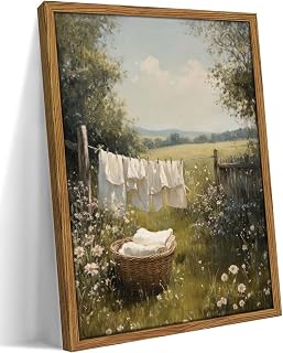 Framed Laundry Room Wall Art Rustic Clothesline Landscape