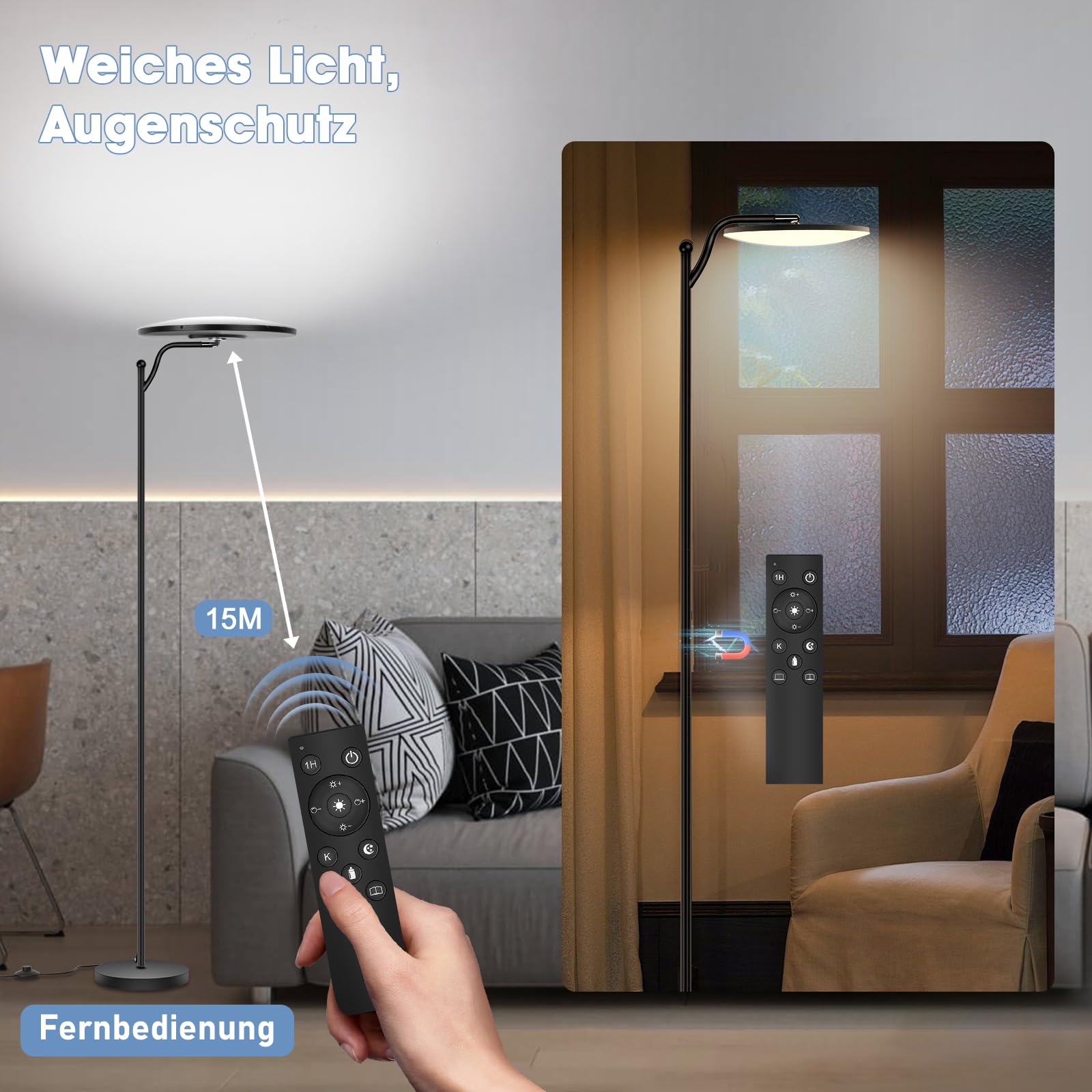 Oraymin Stehlampe Wohnzimmer 32W, Deckenfluter Stehleuchte Dimmbar mit Fernbedienung, 2700K-6500K Stehlampen LED Dimmbar Hohe Stehleuchte, Drehbare Stehlampe für Wohnzimmer Schlafzimmer Büro