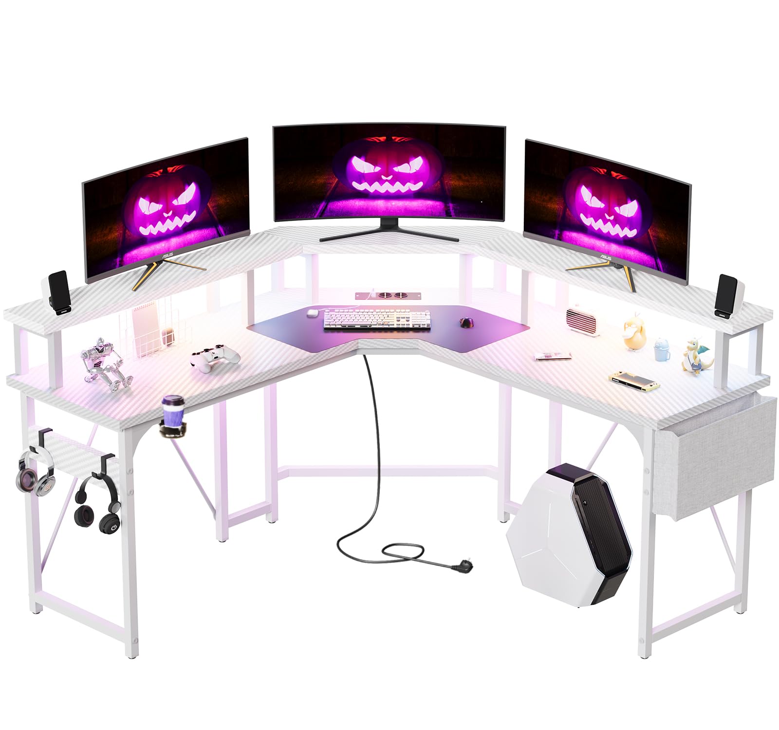Devoko 153x153 cm Mesa Gaming con LED, Escritorio de Esquina para Juegos con 2 enchufes y 2 puertos de carga USB, Escritorio Para Juegos en Forma de L con Soporte Para Monitor, Fibra de Carbono Blanca