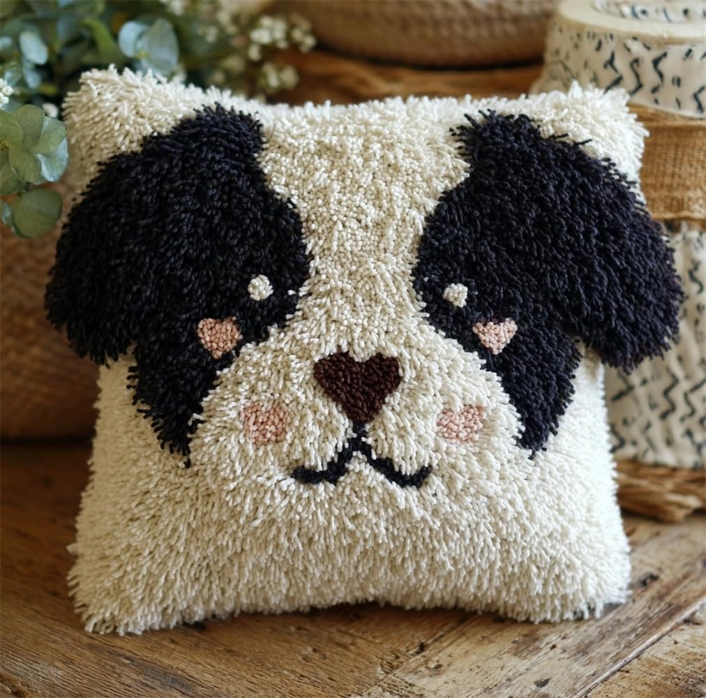 kitphoenix Pillow Latch Hook Kit Dog Pattern Rug Canvas Knit Cushion Embroidery 17"X17" (43X43 Cm) Carpet Crocheting