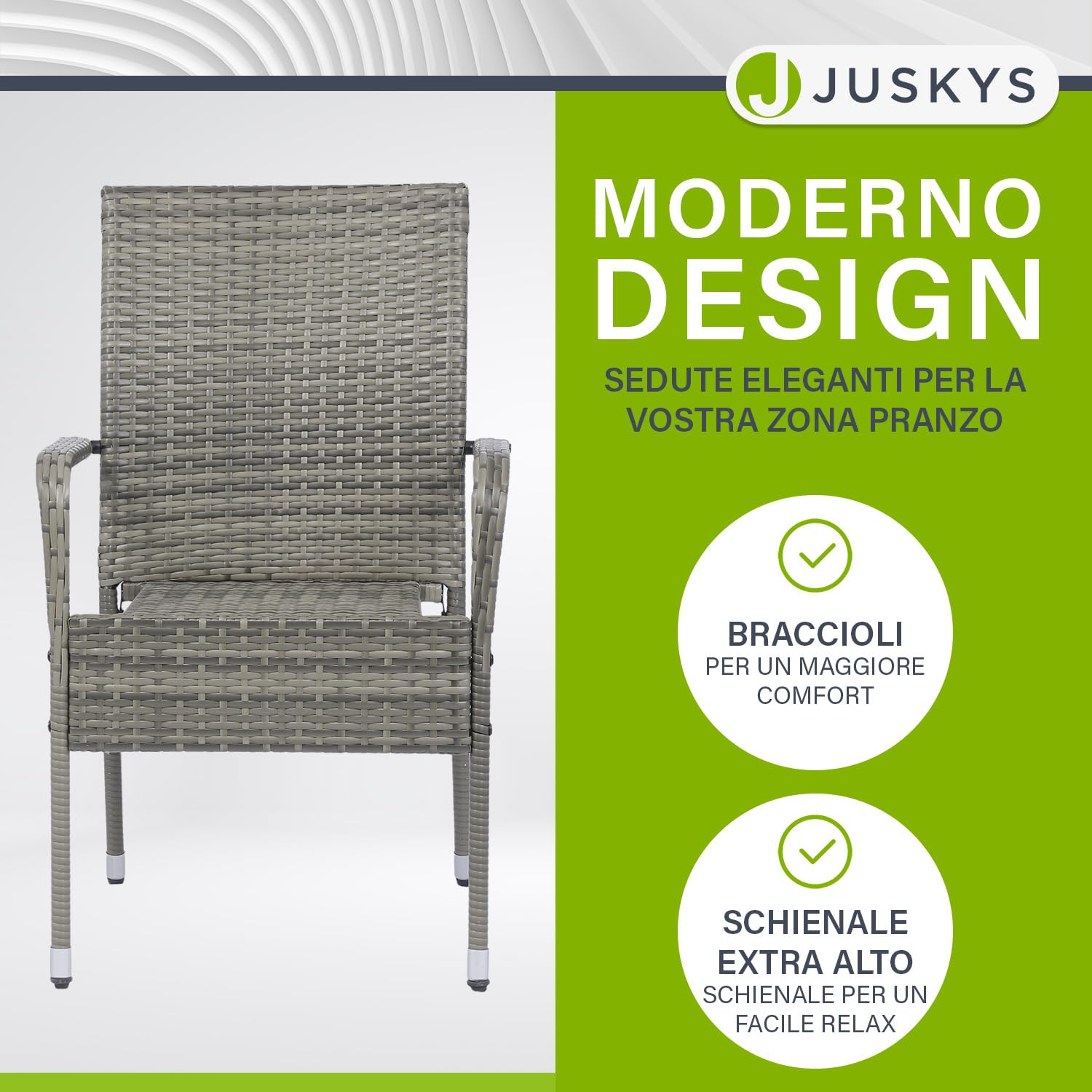 Juskys Sedie da giardino in polyrattan Yoro set da 2 con braccioli e schienale impilabili grigio melange