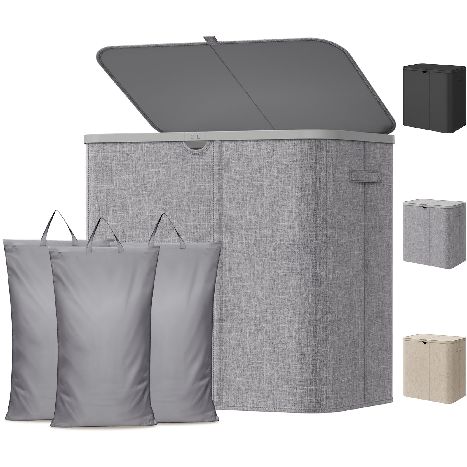 Lifewit 150L Laundry Basket with Lid, 3 Section Washing Basket with Handles and Bag, Large Foldable Dirty Clothes Organiser with Plastic Frame for Laundry Room, Bedroom, Bathroom, Light Gray