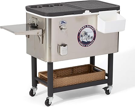 Tommy Bahama 100 Quart Rolling Stainless Steel Cooler with Wheels, Attached Bottle Opener and Cap Catcher