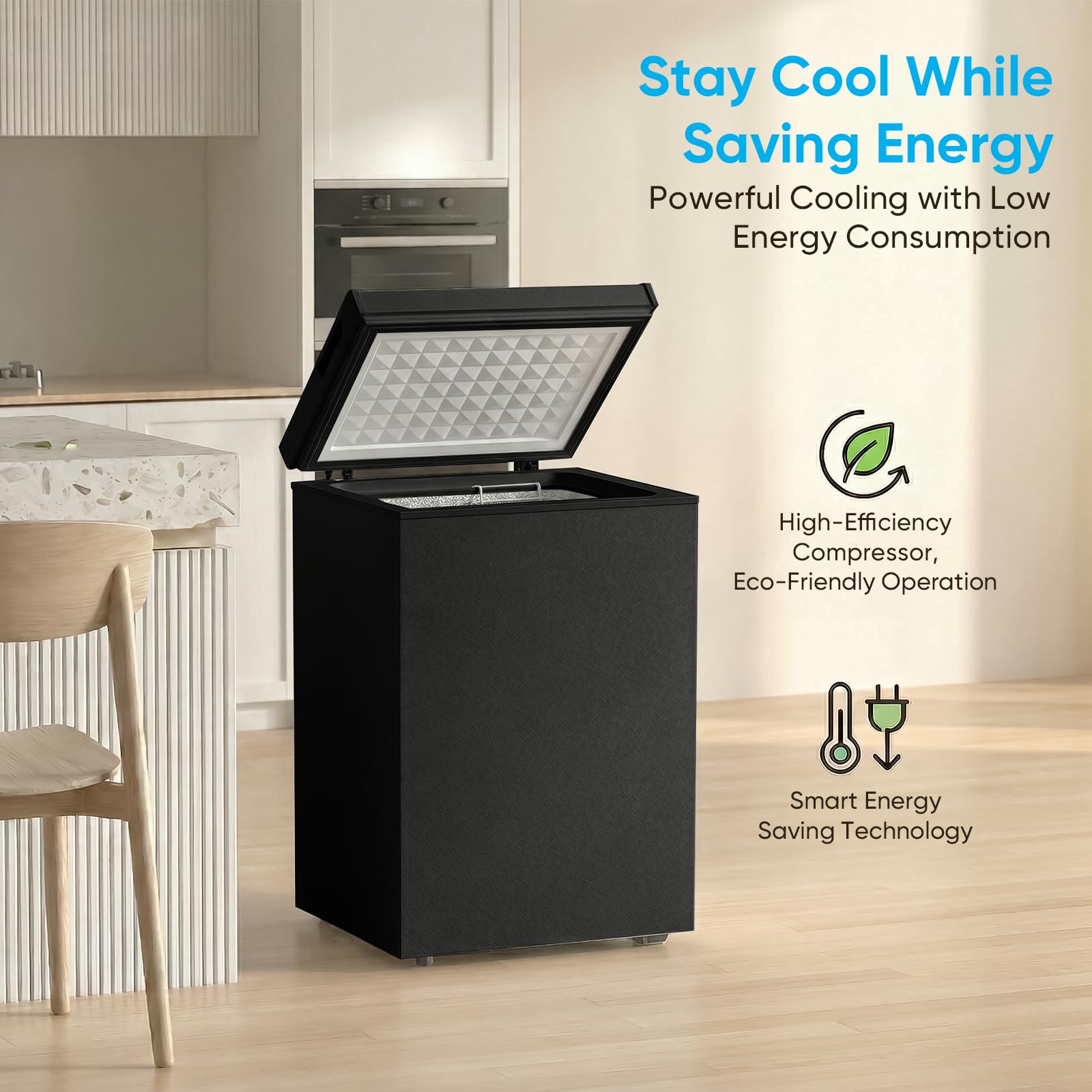 Condition photo showing New/Like New for compact chest freezer,4.5 cu. ft deep freezer adjustable 7 thermostat,quiet freezer free-standing top door with removable basket,energy saving for home, kitchen, garage, apartment,black