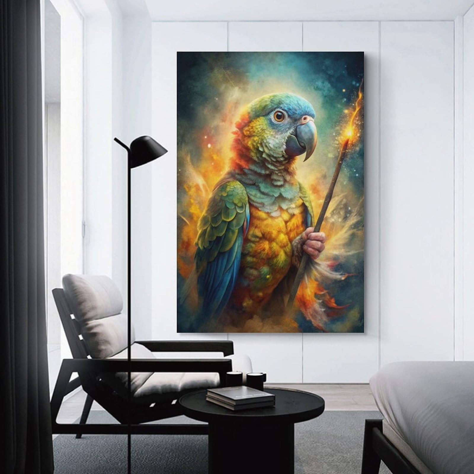 Junmoney Parrot Wizard with Magic Wand Wall Picture Print 24x36inch(60x90cm), for Corridors, Hallways Or Apartment Entries, Decorative Canvas Styling for Entry Areas