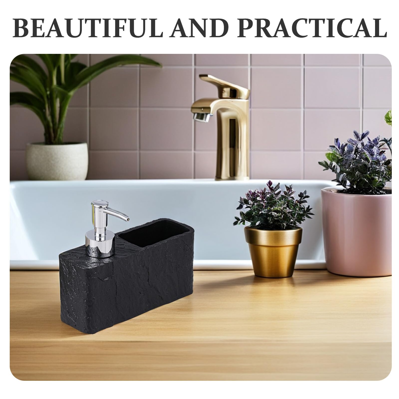 Cabilock Dispensador de Jabón de Cocina Rellenable con Soporte para Esponja para Encimera de Baño Dispensador de Jabón de Manos de Resina con Textura de Roca para Lavavajillas