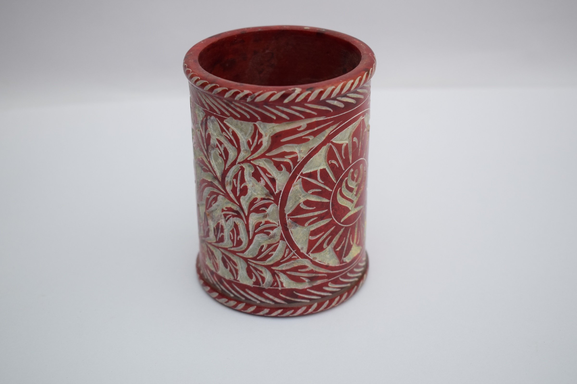 Hand Carved Floral Carving Marble Pen Stand with Floral Carving -3 x 3 Inch