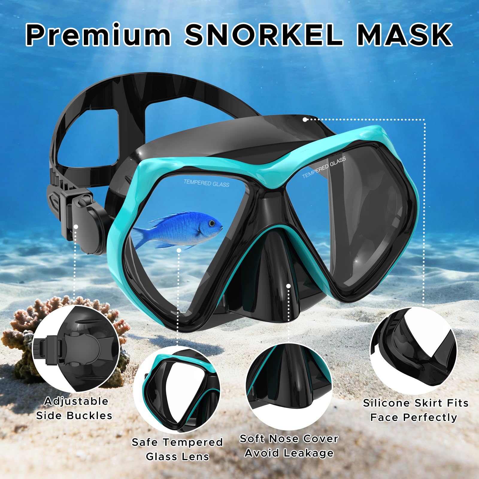 Maschera subacquea per adulti, maschera per snorkeling e immersioni, occhialini da nuoto con copertura per il naso, panoramica HD, in vetro temperato, per immersioni e snorkeling, senza perdite e