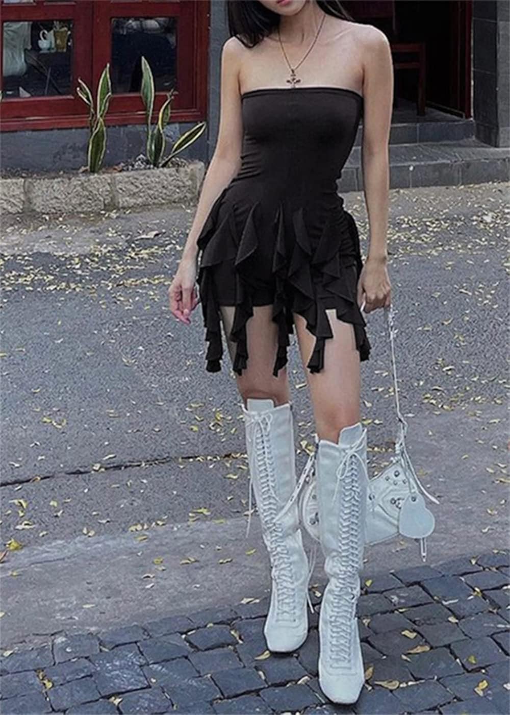 Miniatura 5 de GEMEIQ Vestido corto de verano para mujer, con volantes, dobladillo con borlas, sin tirantes, ajustado, para fiesta, club, sexy, con vuelo, Y2K,