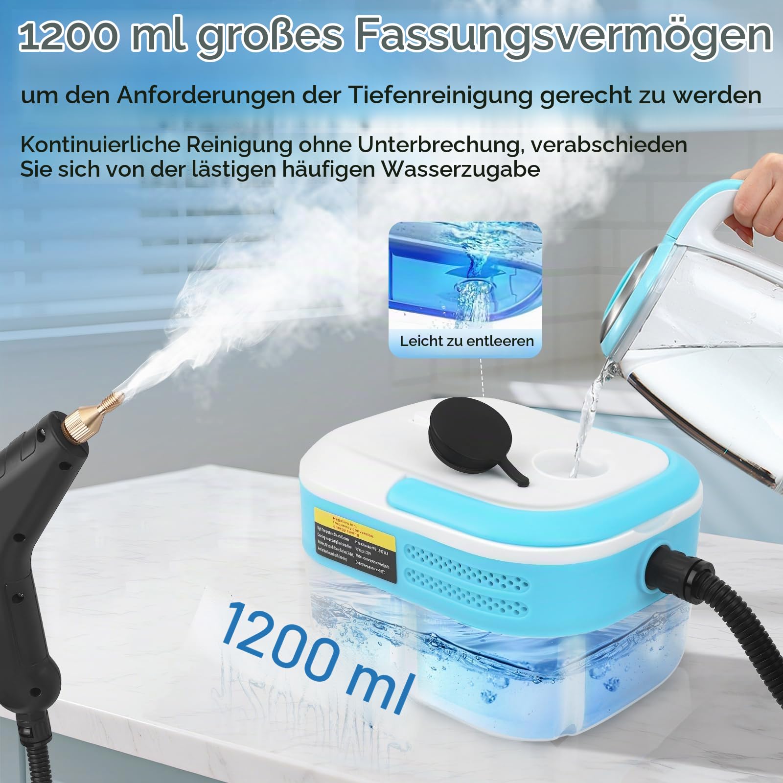 Handdampfreiniger 7-in-1, 1500W | 1,2L Wassertank für Küche & Bad | Hochdruck-Dampfgarer (3BAR) gegen Fett, Schimmel & Kalk | Inkl. Zubehör für Polster, Fliesen, Auto